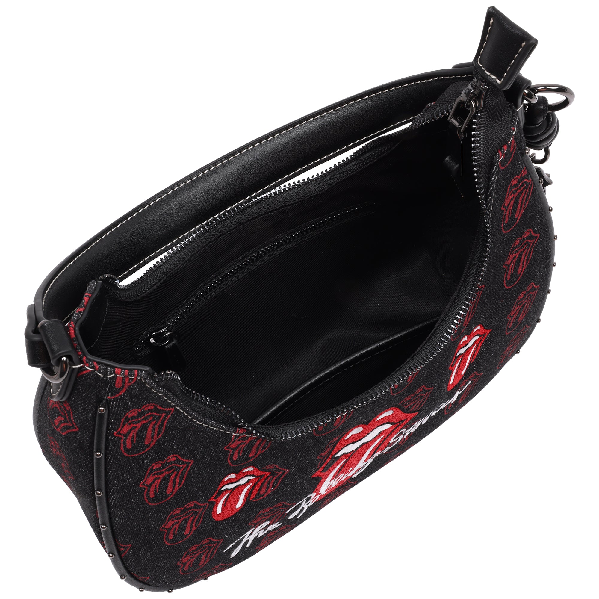 The Rolling Stones All-Over Tongue Logo Black Denim Small Hobo Bag – Embroidered Graphic, Studded Trim & Charm Detail