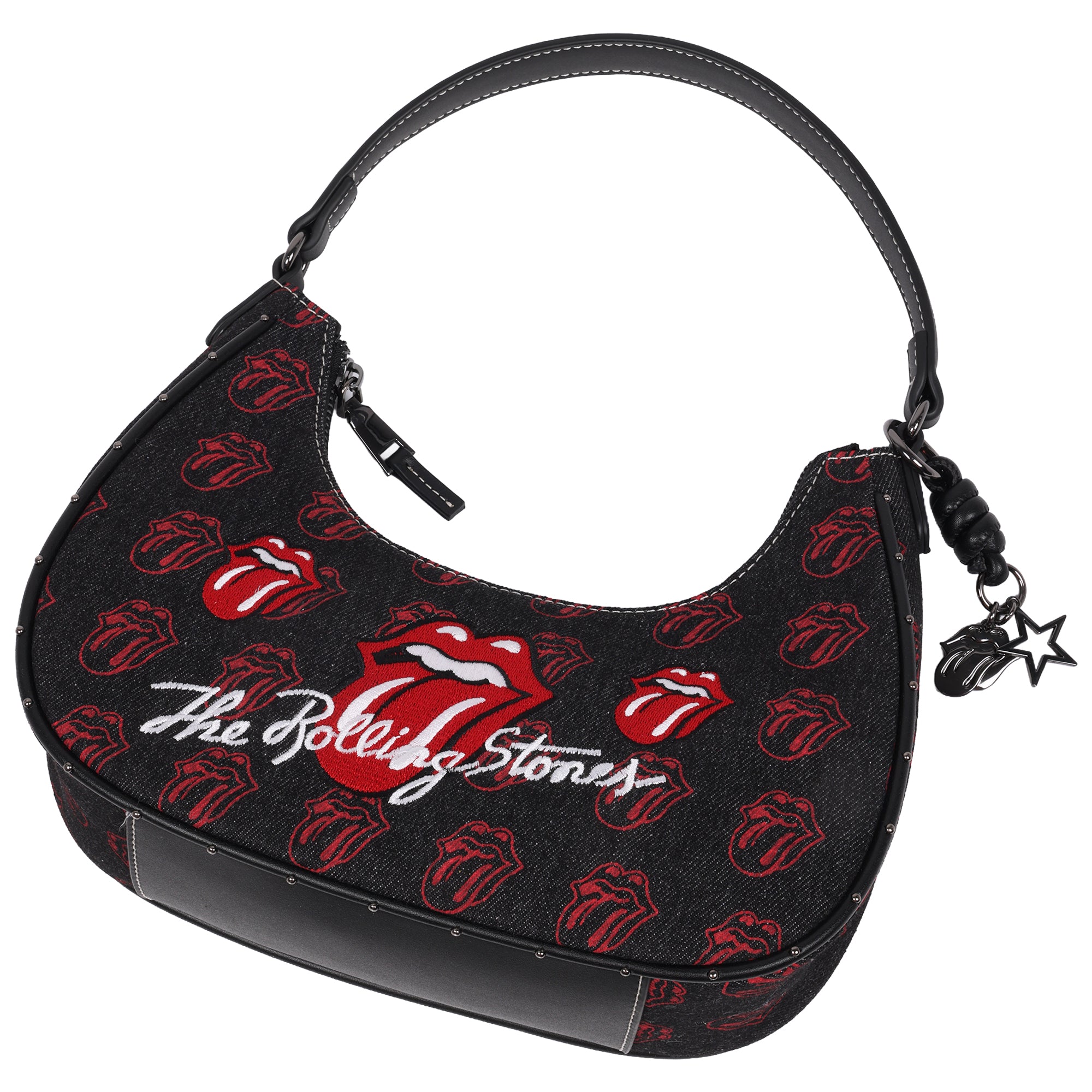 The Rolling Stones All-Over Tongue Logo Black Denim Small Hobo Bag – Embroidered Graphic, Studded Trim & Charm Detail