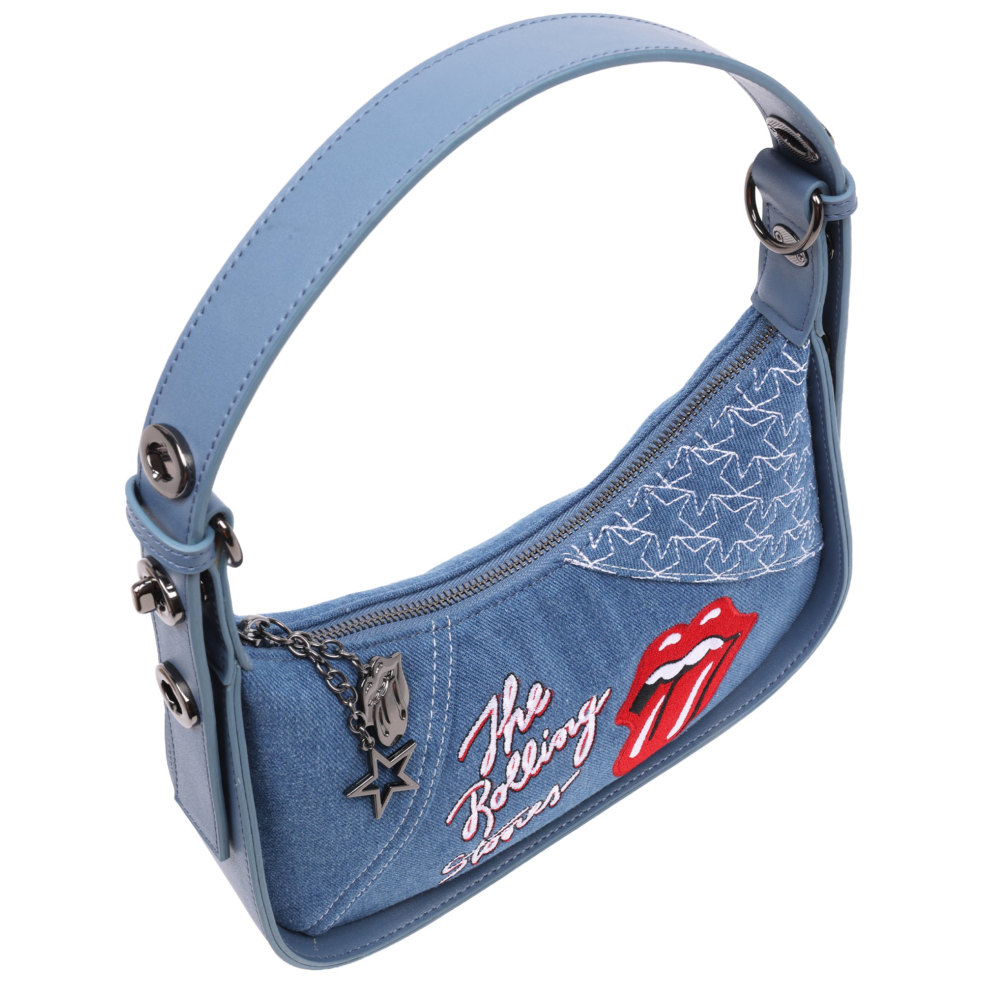 The Rolling Stones Denim Shoulder Bag – Tongue Logo Mini Hobo Purse (Navy/Denim & Pink)