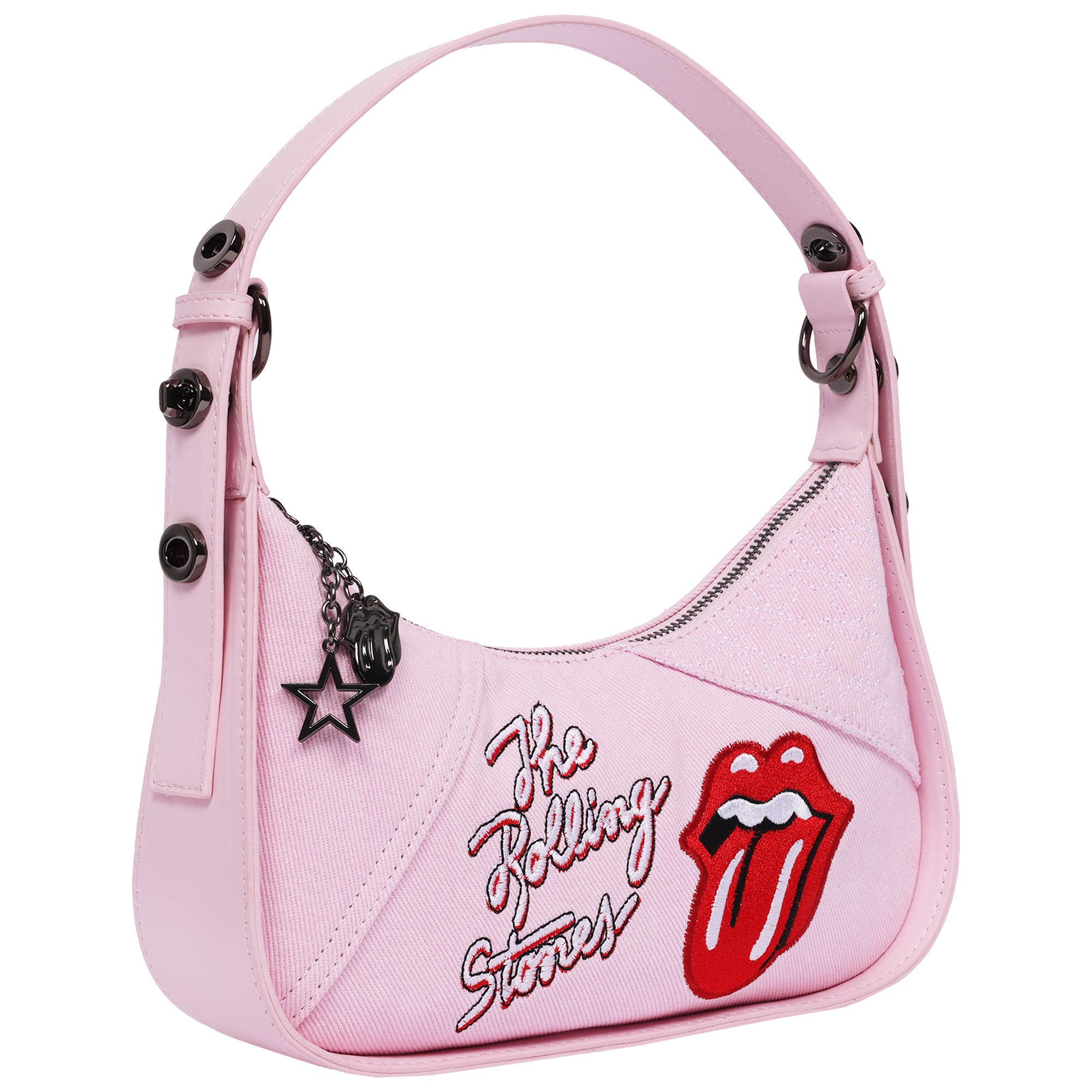The Rolling Stones Denim Shoulder Bag – Tongue Logo Mini Hobo Purse (Navy/Denim & Pink)
