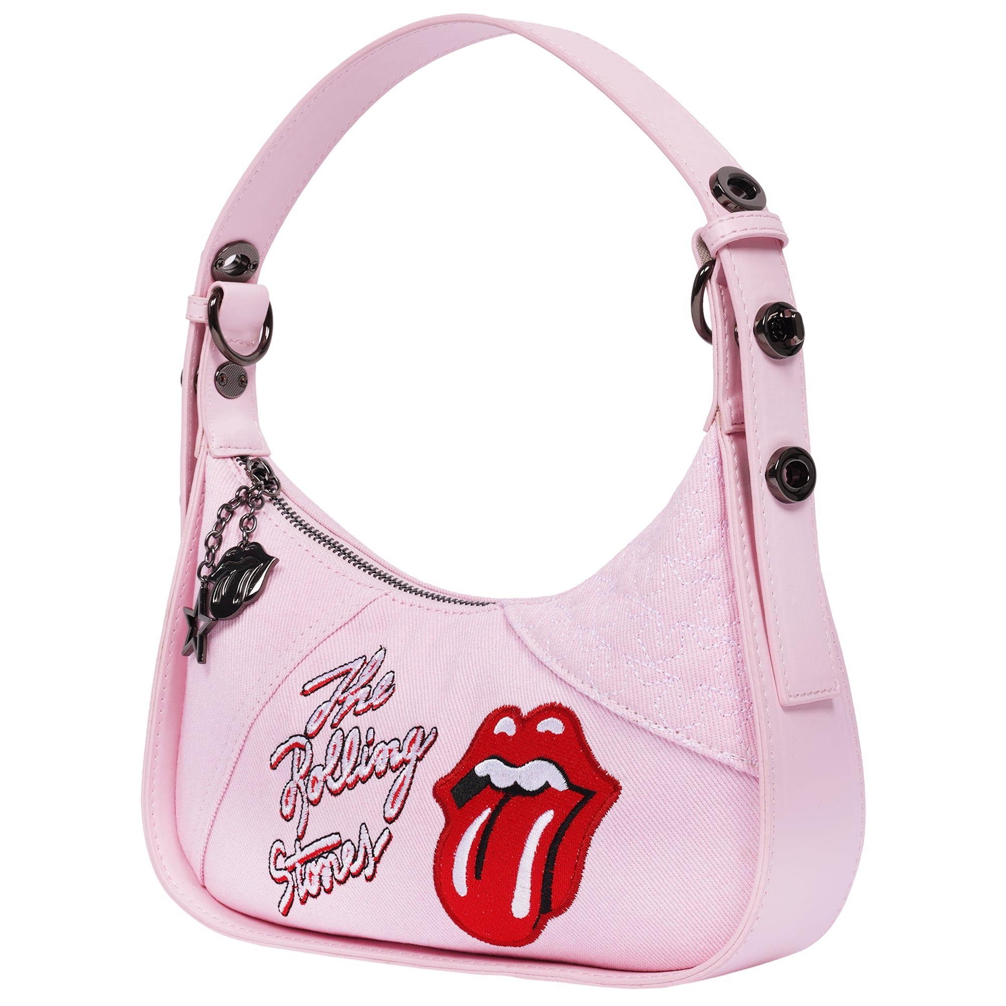 The Rolling Stones Denim Shoulder Bag – Tongue Logo Mini Hobo Purse (Navy/Denim & Pink)