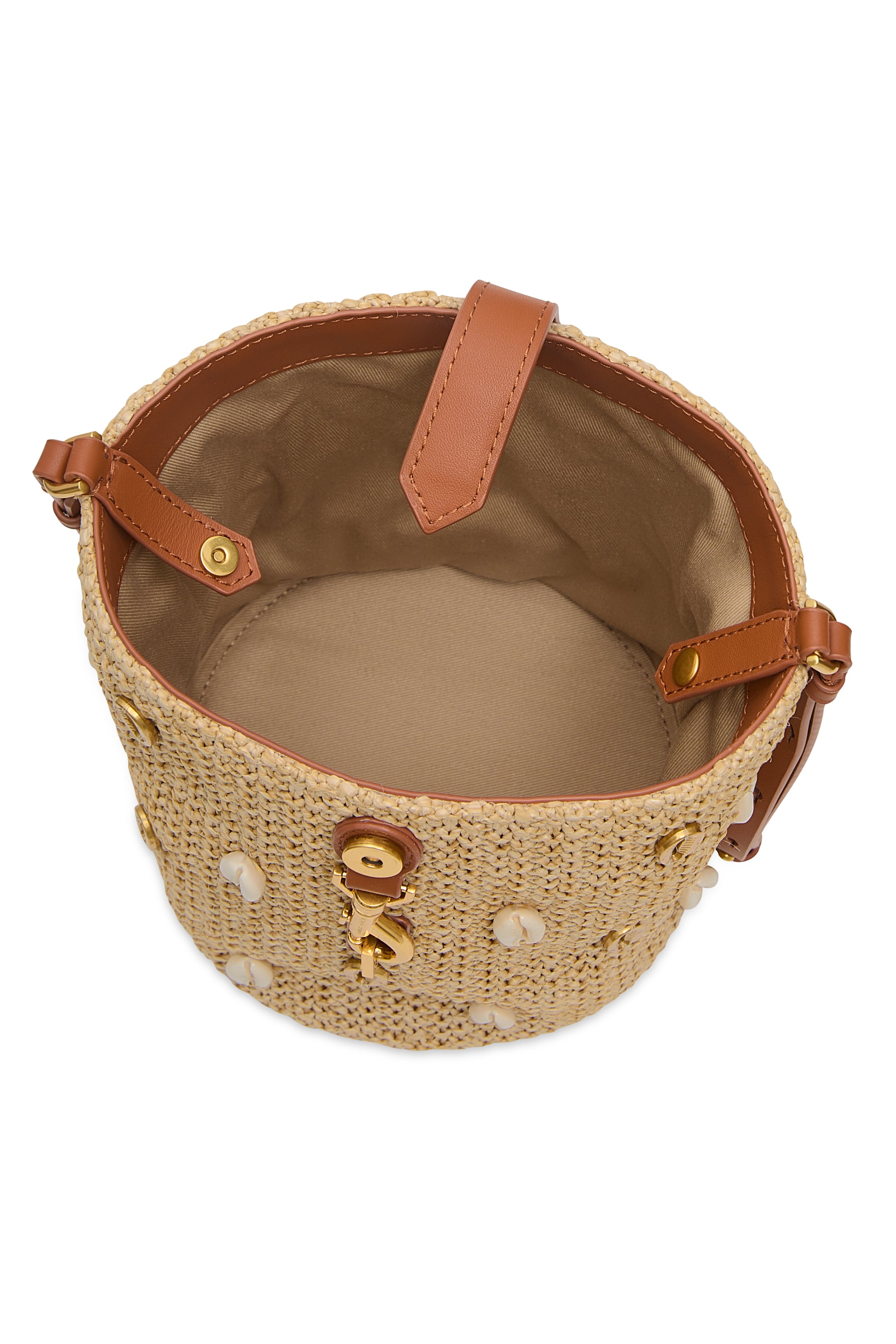 Rebecca Minkoff Megan Small Raffia Bucket Crossbody Bag with Seashell Embellishments