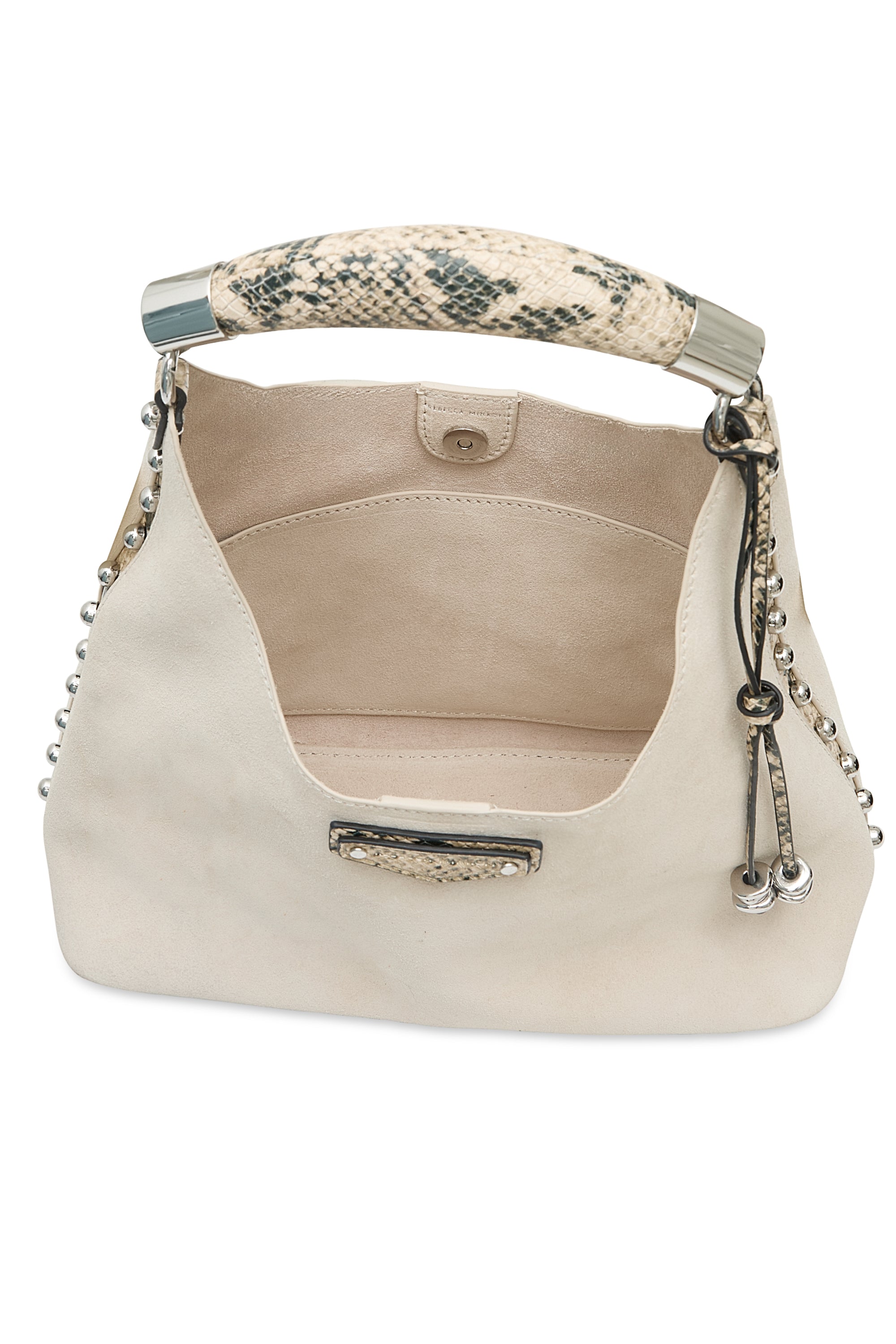 Rebecca Minkoff Nolita Top Handle Suede Bag with Snake Print Handle, Ivory