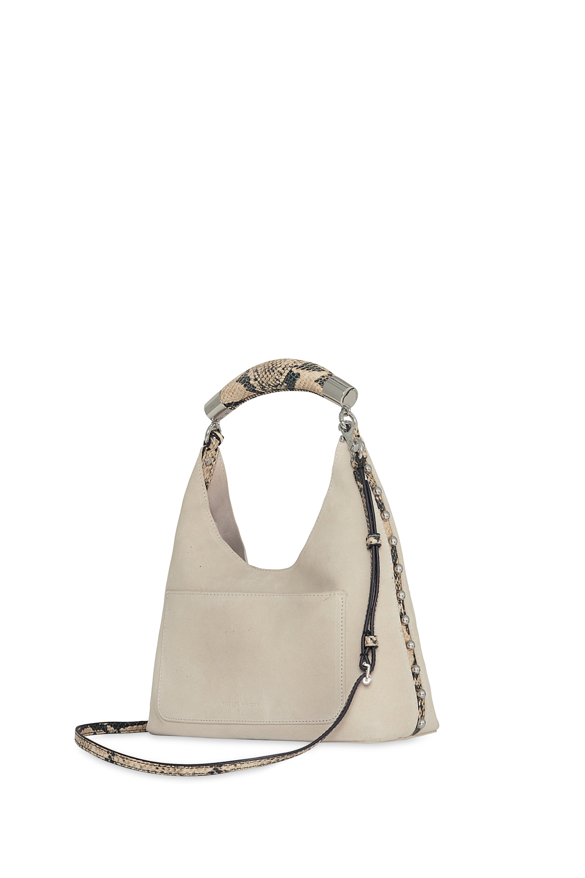 Rebecca Minkoff Nolita Top Handle Suede Bag with Snake Print Handle, Ivory