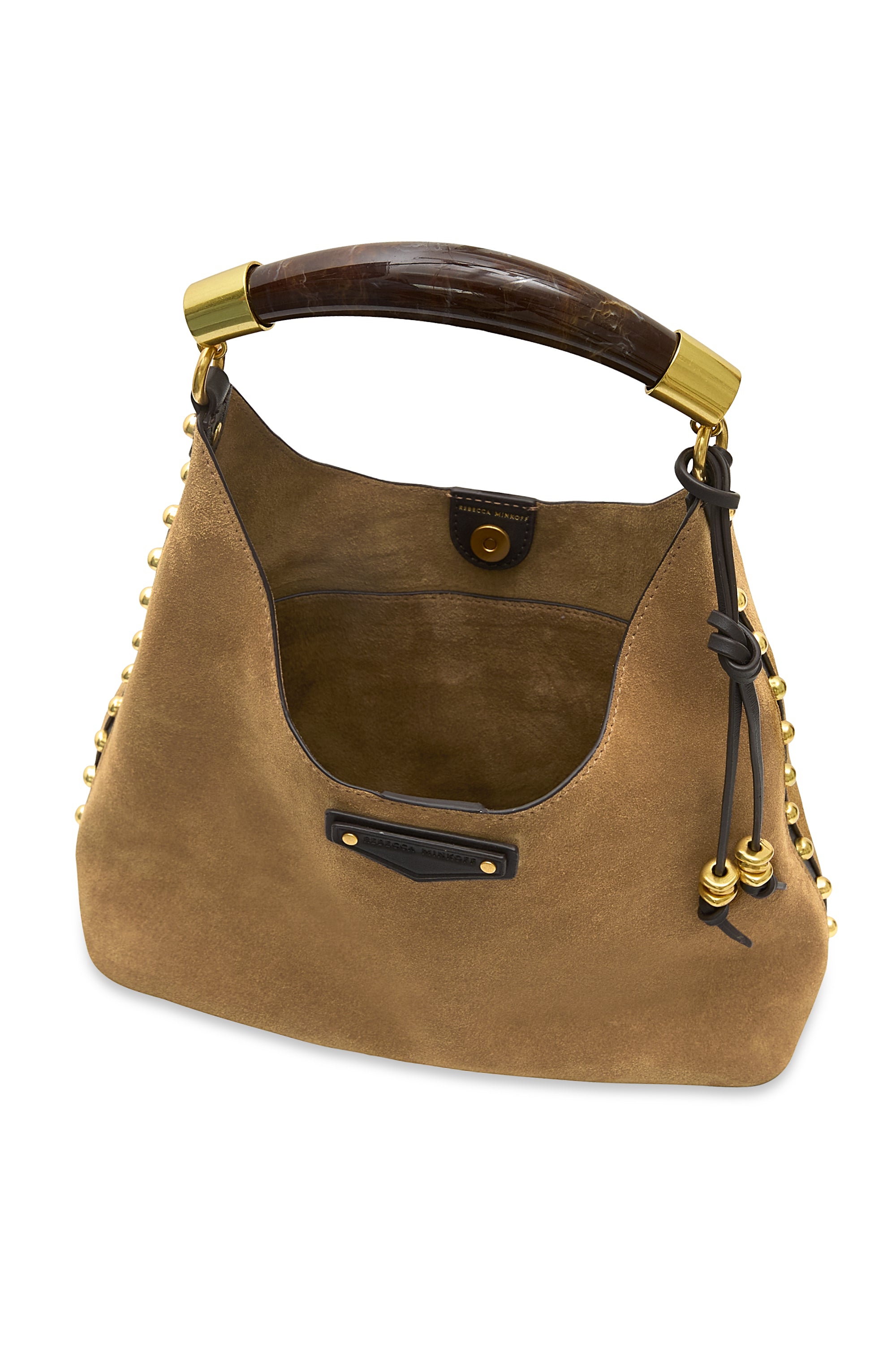 Rebecca Minkoff Nolita Top Handle Suede Bag with Studded Trim – Chestnut/Fondant