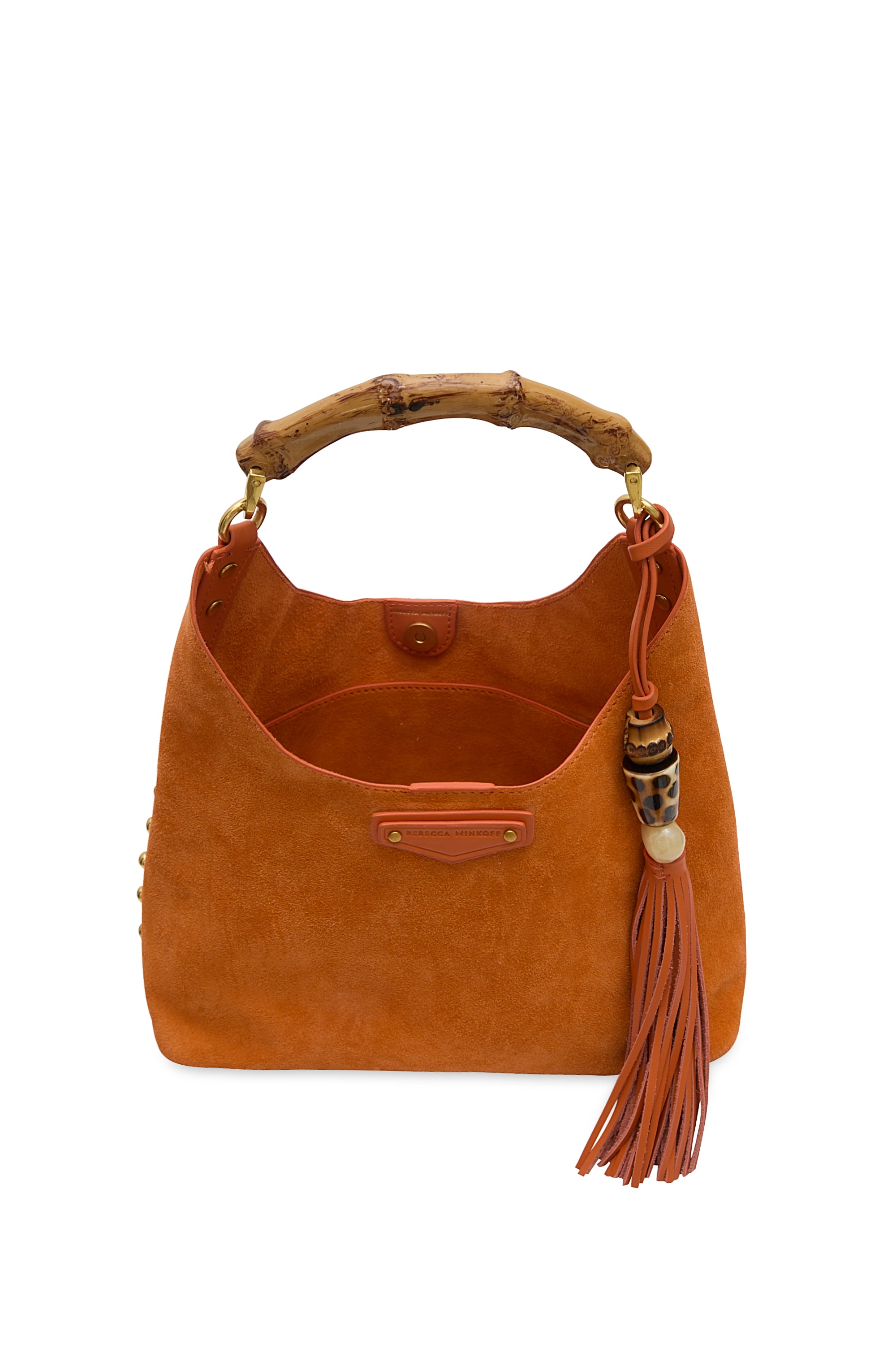 Rebecca Minkoff Nolita Top Handle Suede Bag with Bamboo Handle and Tassel Charm