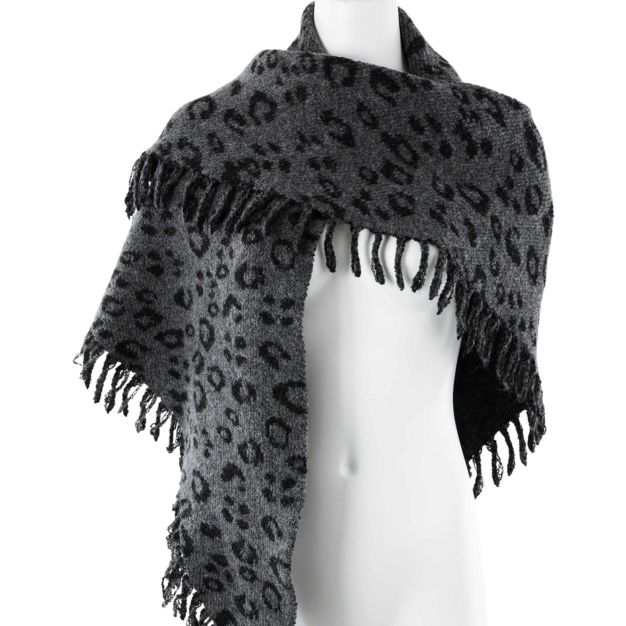 Rebecca Minkoff Jacquard Knit Leopard Triangle Scarf with Fringe