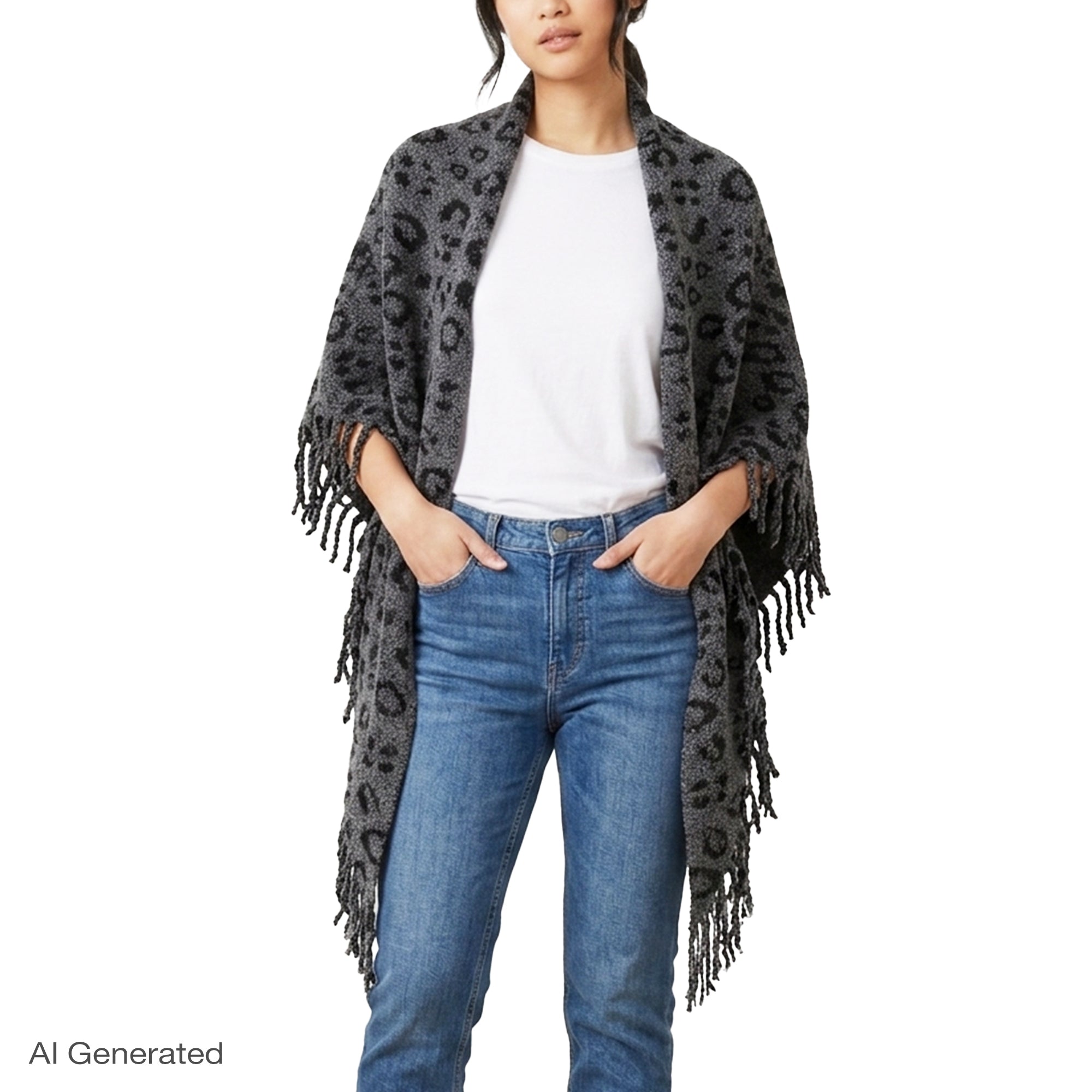 Rebecca Minkoff Jacquard Knit Leopard Triangle Scarf with Fringe