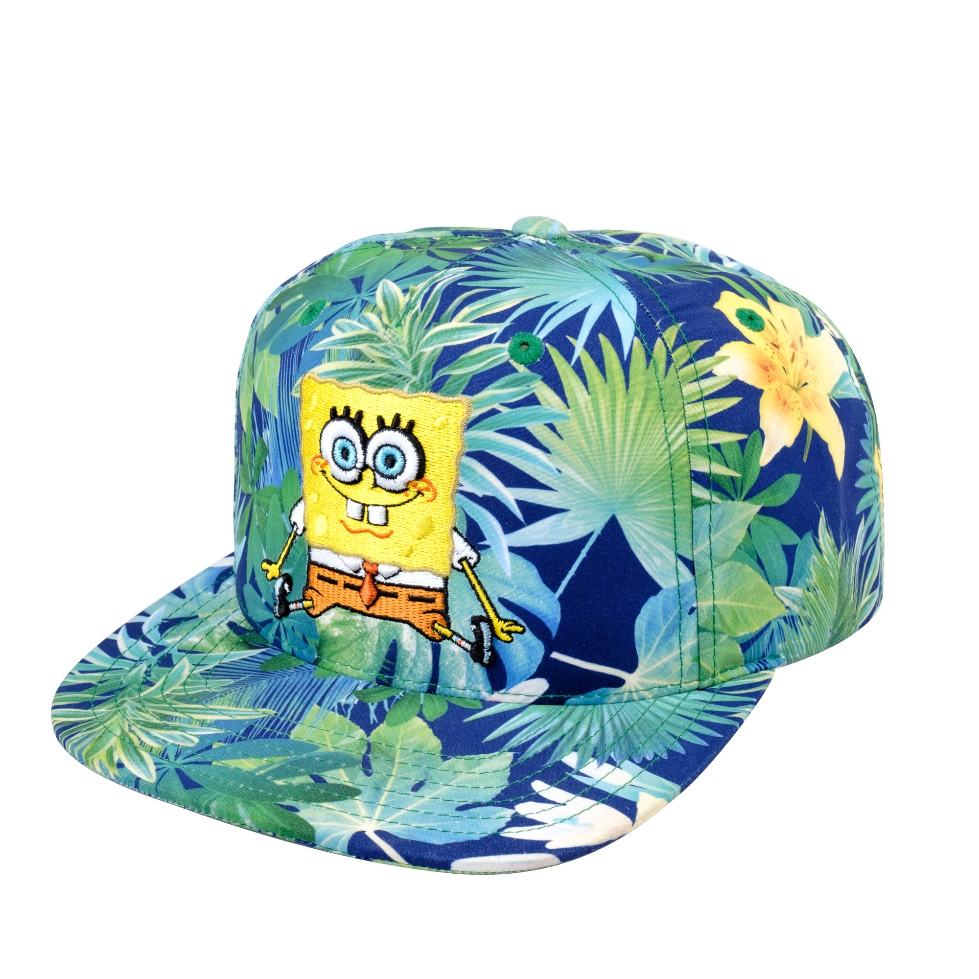 Spongebob Squarepants Baseball Cap, Tropical Floral Curved Brim Adjustable Snapback Hat, Blue and Green, One Size