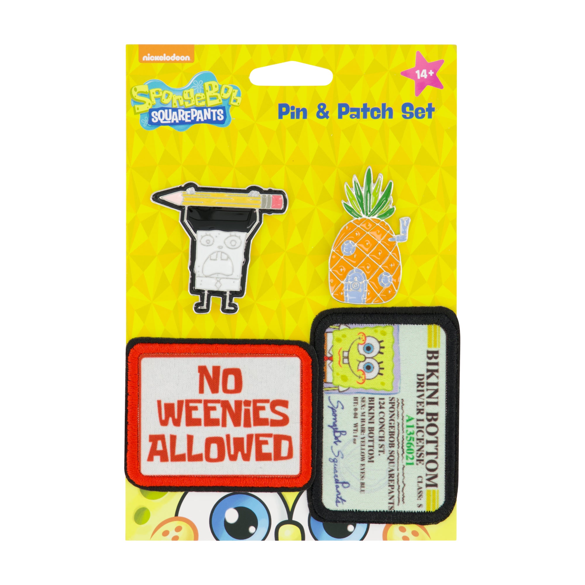 Spongebob Squarepants 4-Piece Pin and Patch Set, Embroidered Applique for Clothes, Dress, Hats, Jeans, Multi