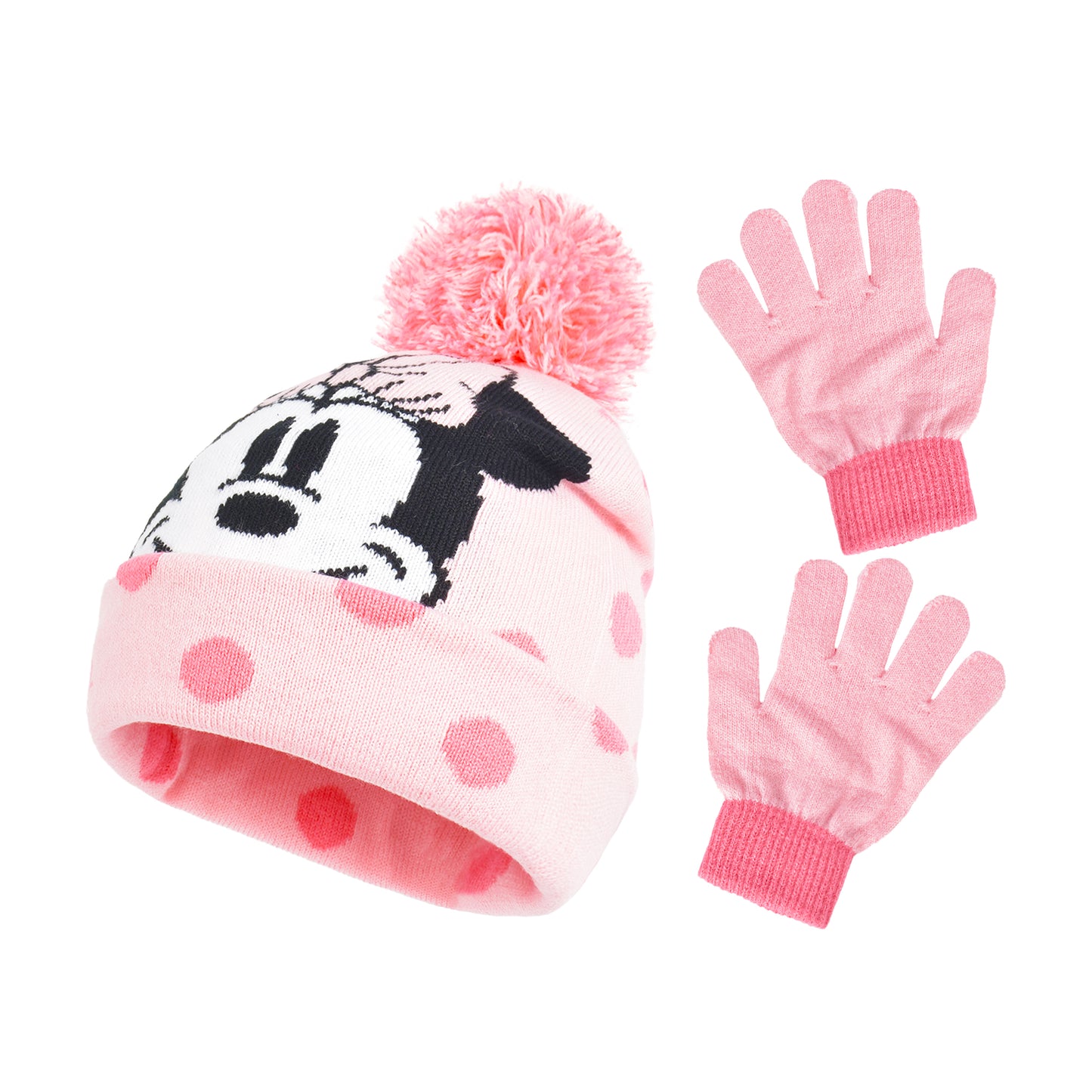 Disney Minnie Mouse Beanie Hat and Gloves Set, Kids Polka Dot Cuffed Winter Knit Cap