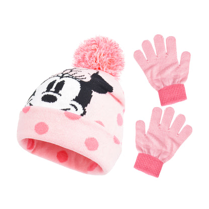 Disney Minnie Mouse Beanie Hat and Gloves Set, Kids Polka Dot Cuffed Winter Knit Cap
