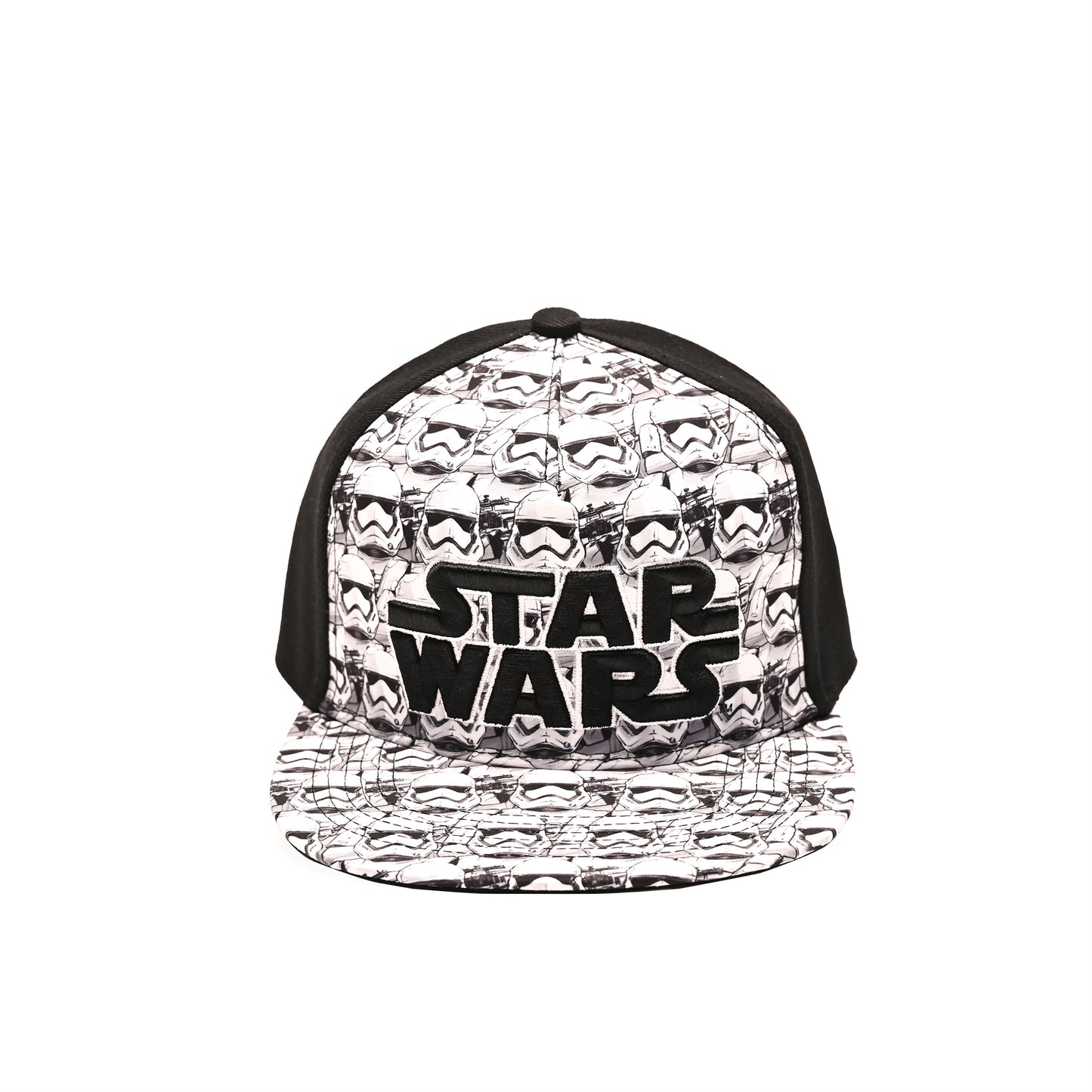 Disney mens Star Wars Embroidered Logo and Stormtrooper All Over Adjustable Snapback Baseball Hat with Flat Brim Black White One Size, Black, One Size US