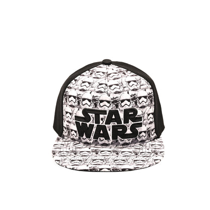 Disney mens Star Wars Embroidered Logo and Stormtrooper All Over Adjustable Snapback Baseball Hat with Flat Brim Black White One Size, Black, One Size US