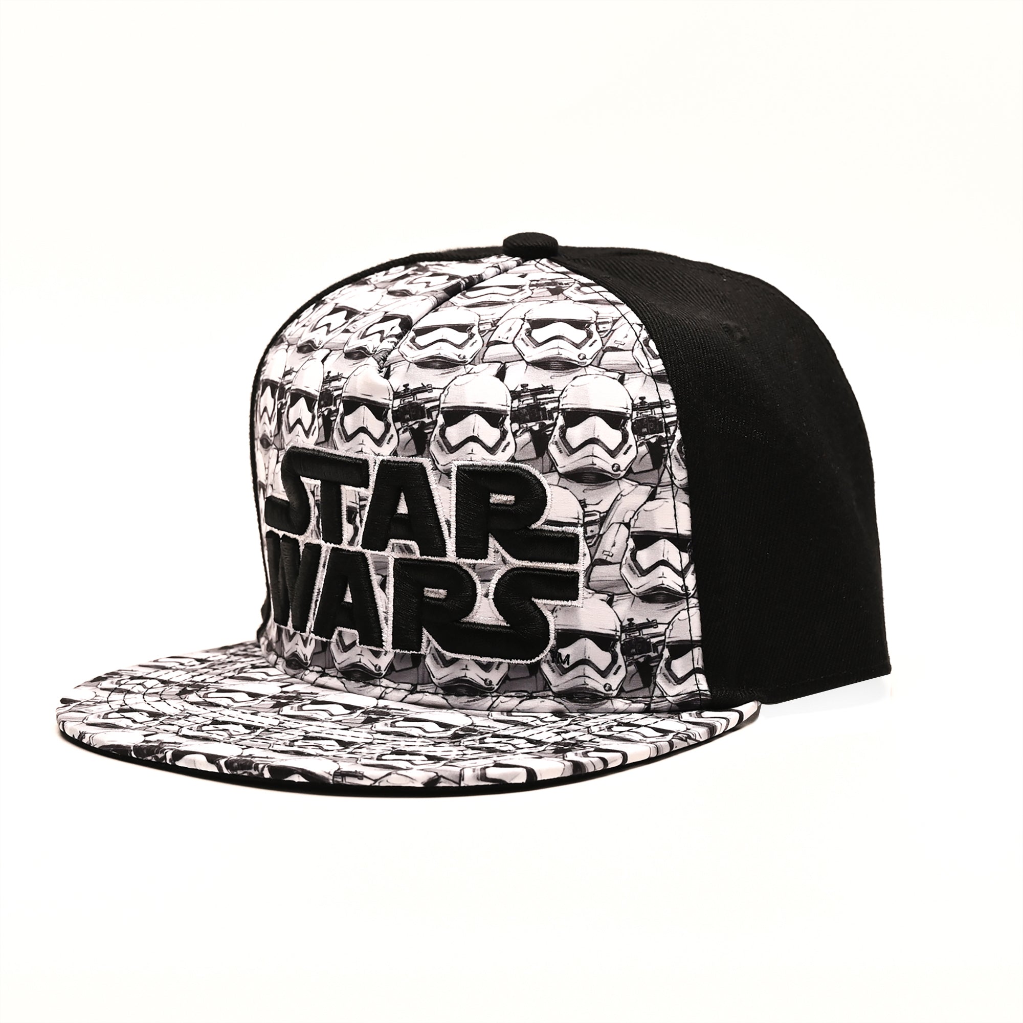 Disney mens Star Wars Embroidered Logo and Stormtrooper All Over Adjustable Snapback Baseball Hat with Flat Brim Black White One Size, Black, One Size US