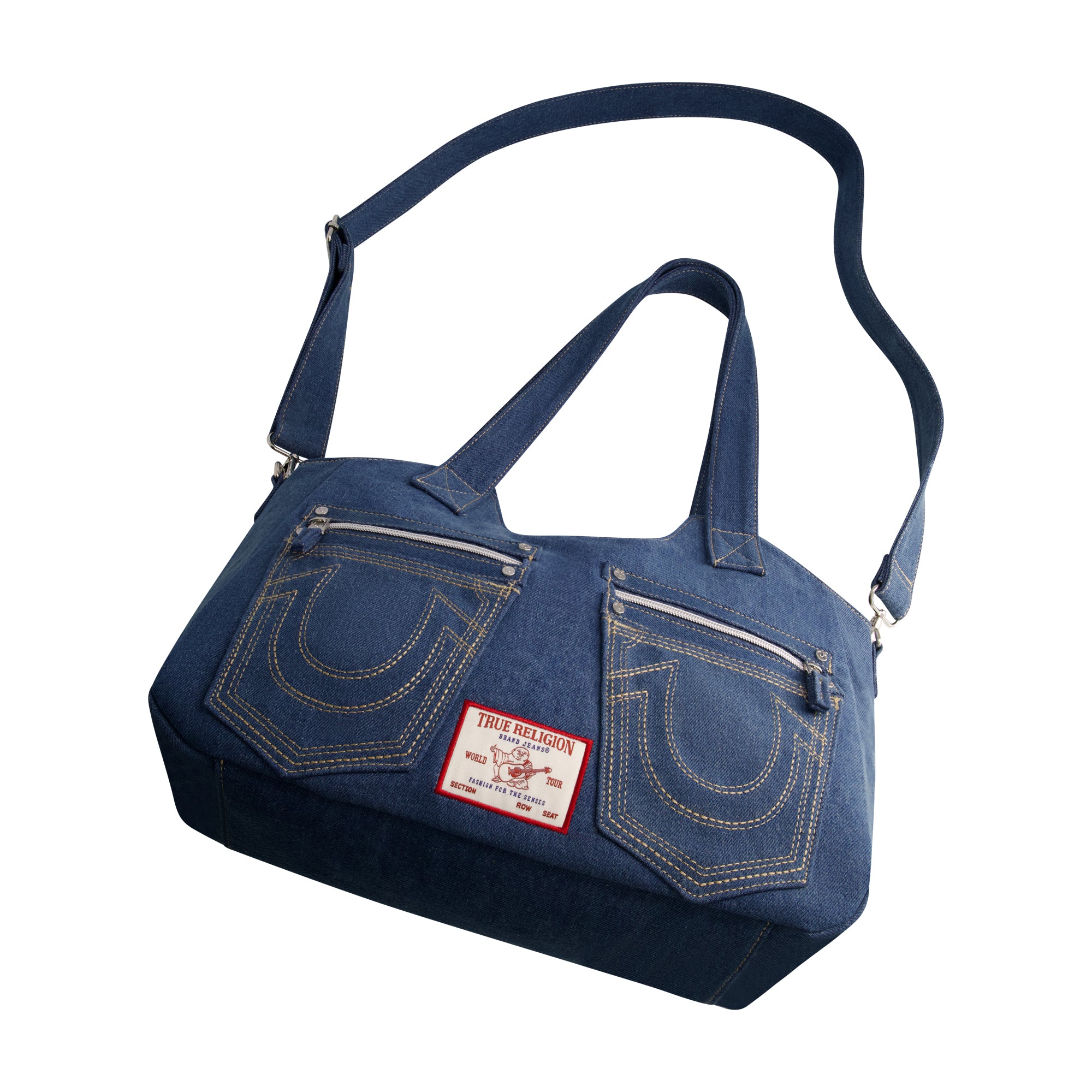 True Religion Horseshoe Stitch Denim Satchel, Medium Blu