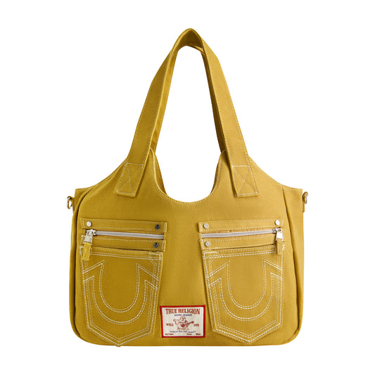 True Religion horseshoe stitch tan satchel