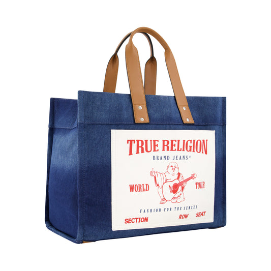 True Religion Large Washed Navy Denim Tote, Navy