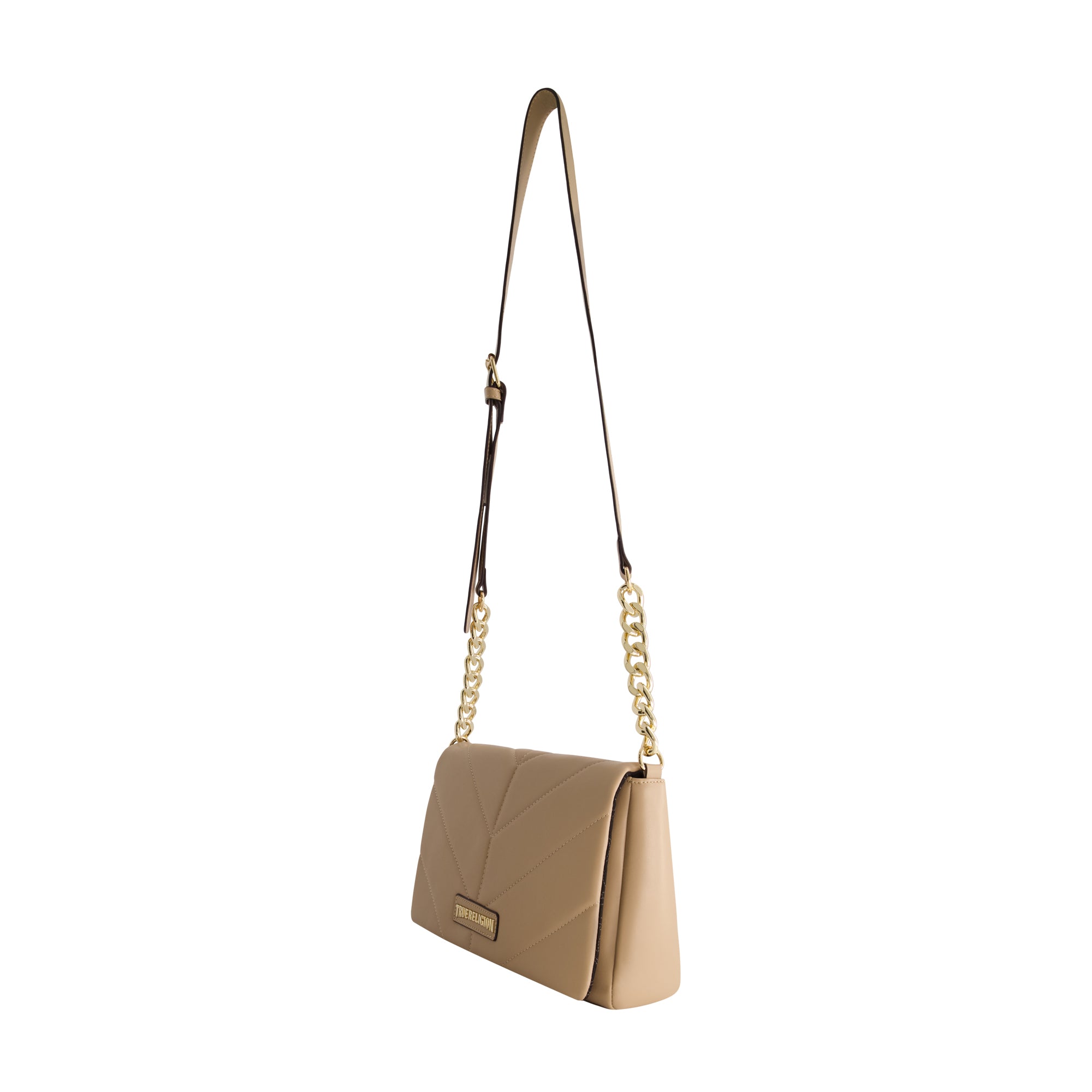 True Religion Quilted Logo Plaque Flap Bag, Camel