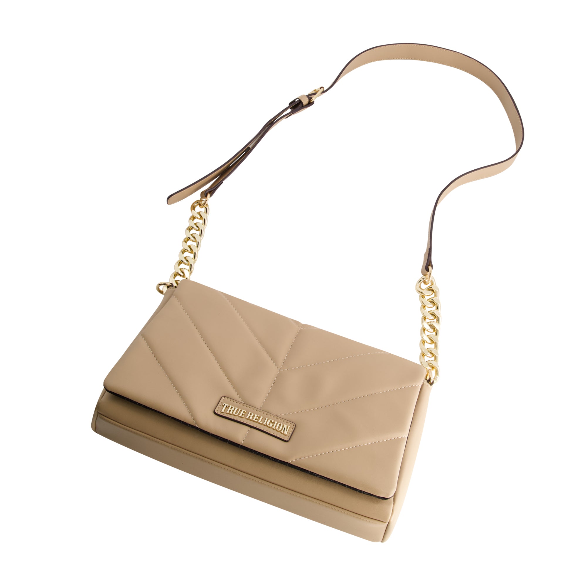 True Religion Quilted Logo Plaque Flap Bag, Camel