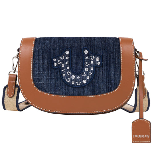True Religion Studded Logo Denim Flap Bag