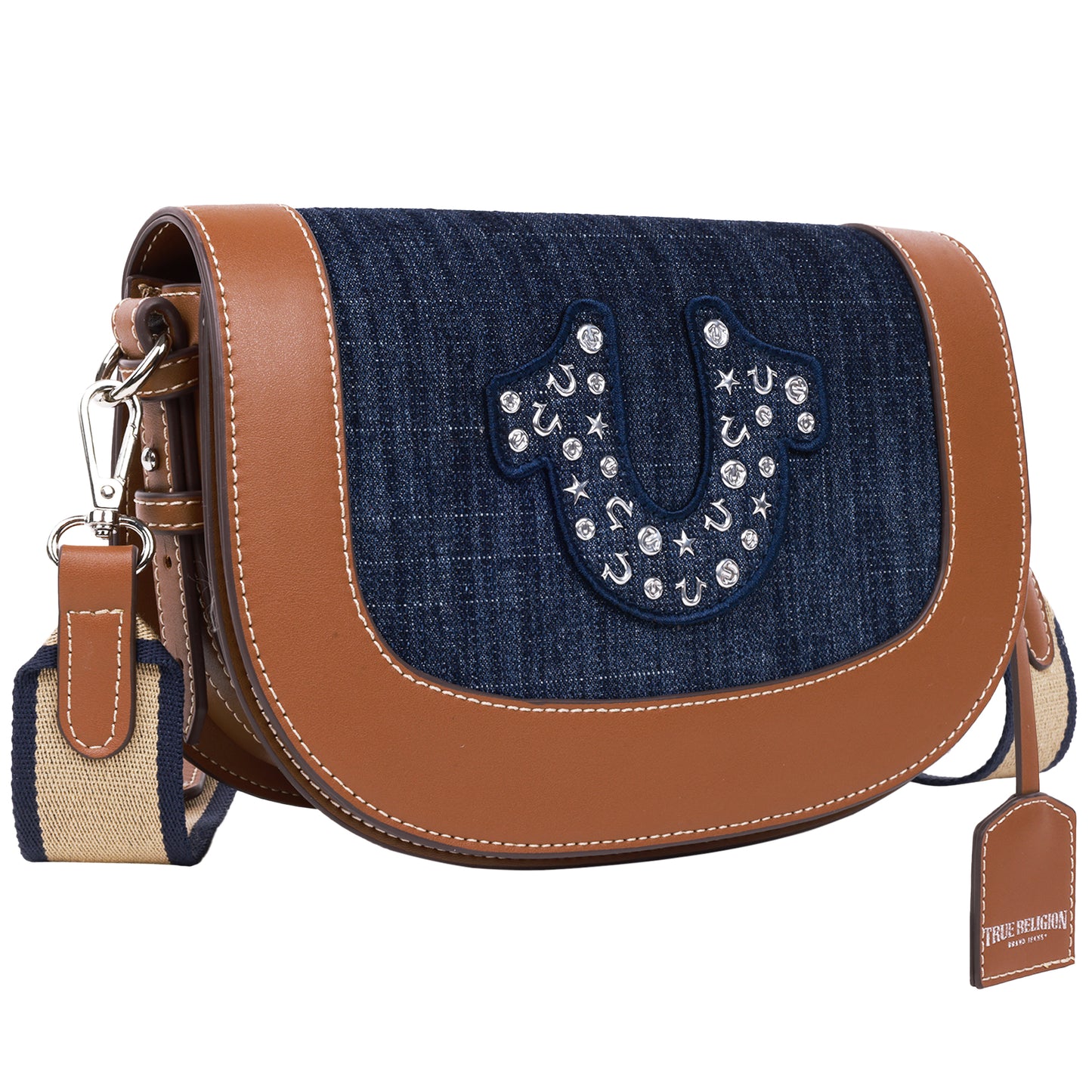 True Religion Studded Logo Denim Flap Bag