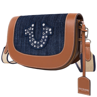 True Religion Studded Logo Denim Flap Bag