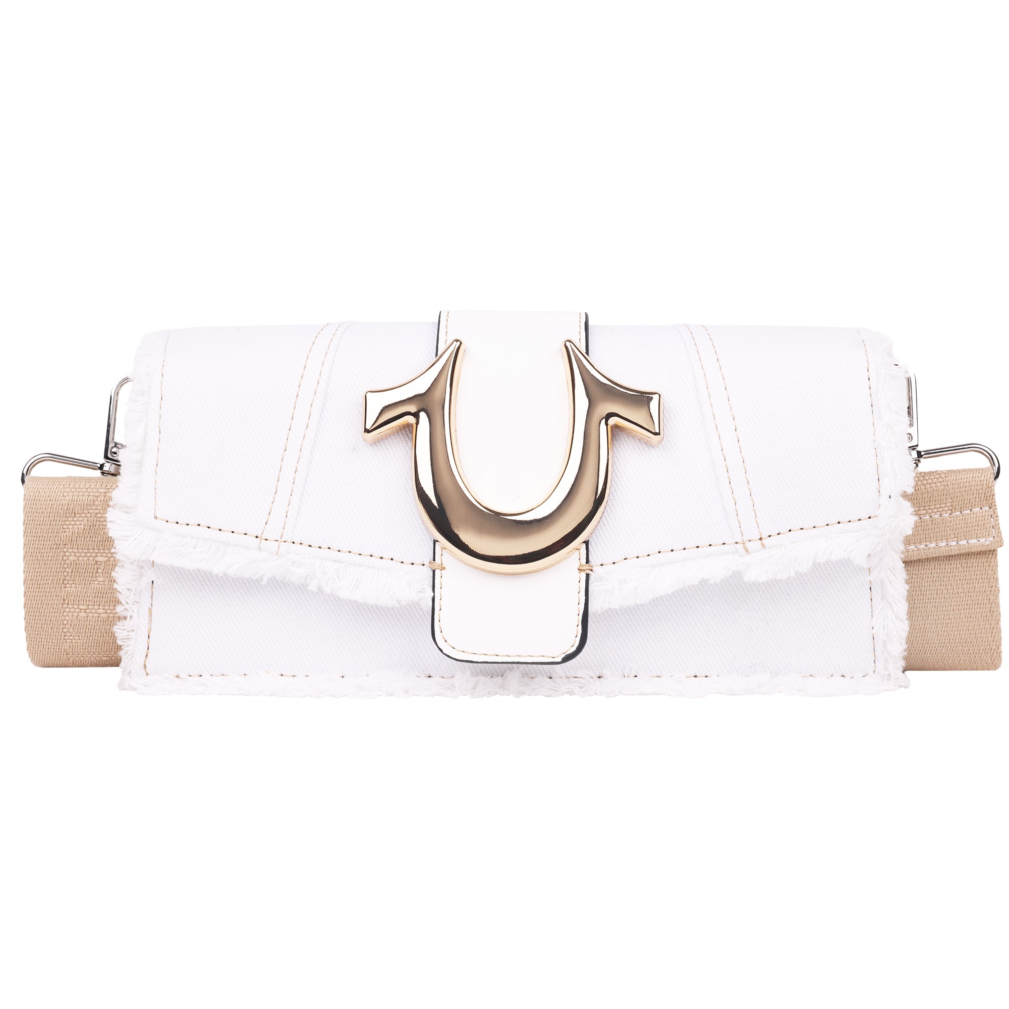 True Religion Frayed Denim Flap Bag with Logo Strap