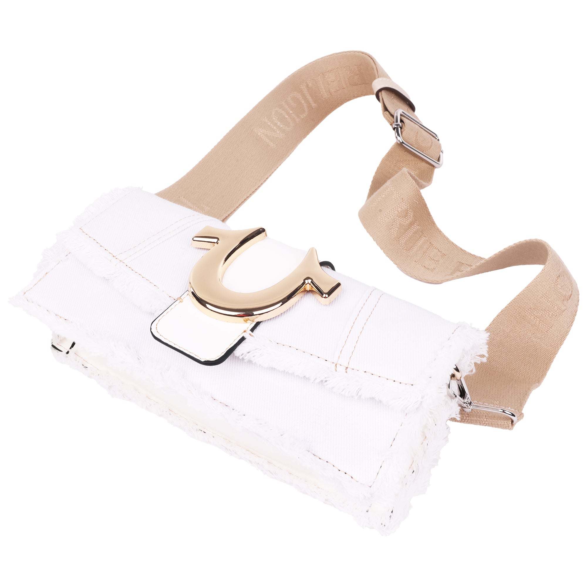 True Religion Frayed Denim Flap Bag with Logo Strap