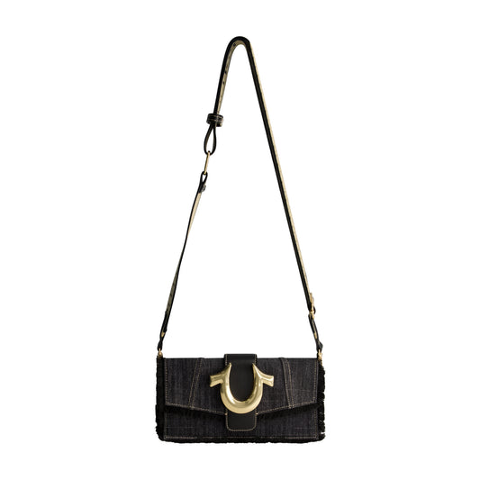True Religion Frayed Denim Flap Bag with Logo Strap