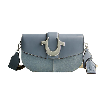 True Religion Denim Saddle Bag with Oversized Horseshoe Logo, Blue