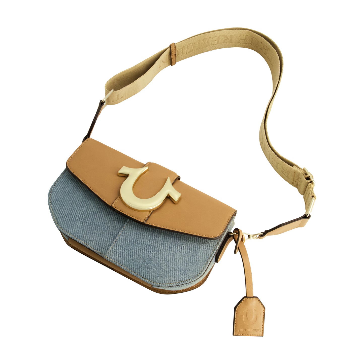 True Religion Licensed Denim Saddle Bag with Oversized Horseshoe Logo, LIGHT BLUE