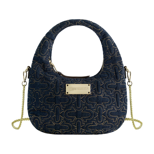 True Religion Women's Quilted Denim Hobo Bag with Gold Detailing, DENIM