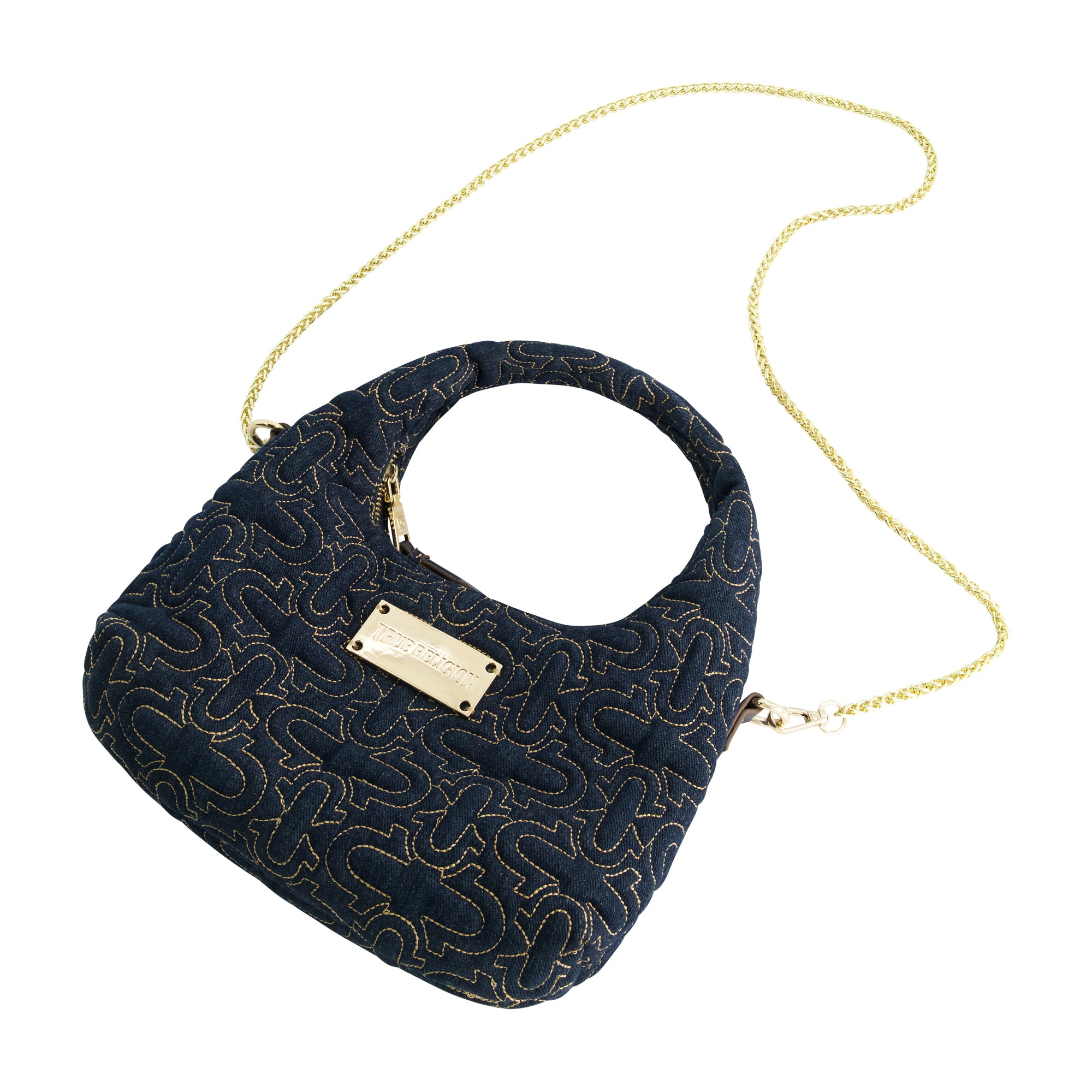 True Religion Women's Quilted Denim Hobo Bag with Gold Detailing, DENIM