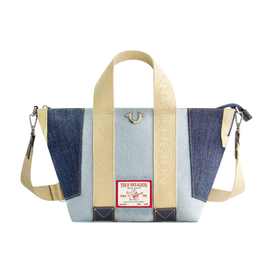 True Religion Licensed Patchwork Denim Tote Bag with Adjustable Strap, DENIM/BLUE