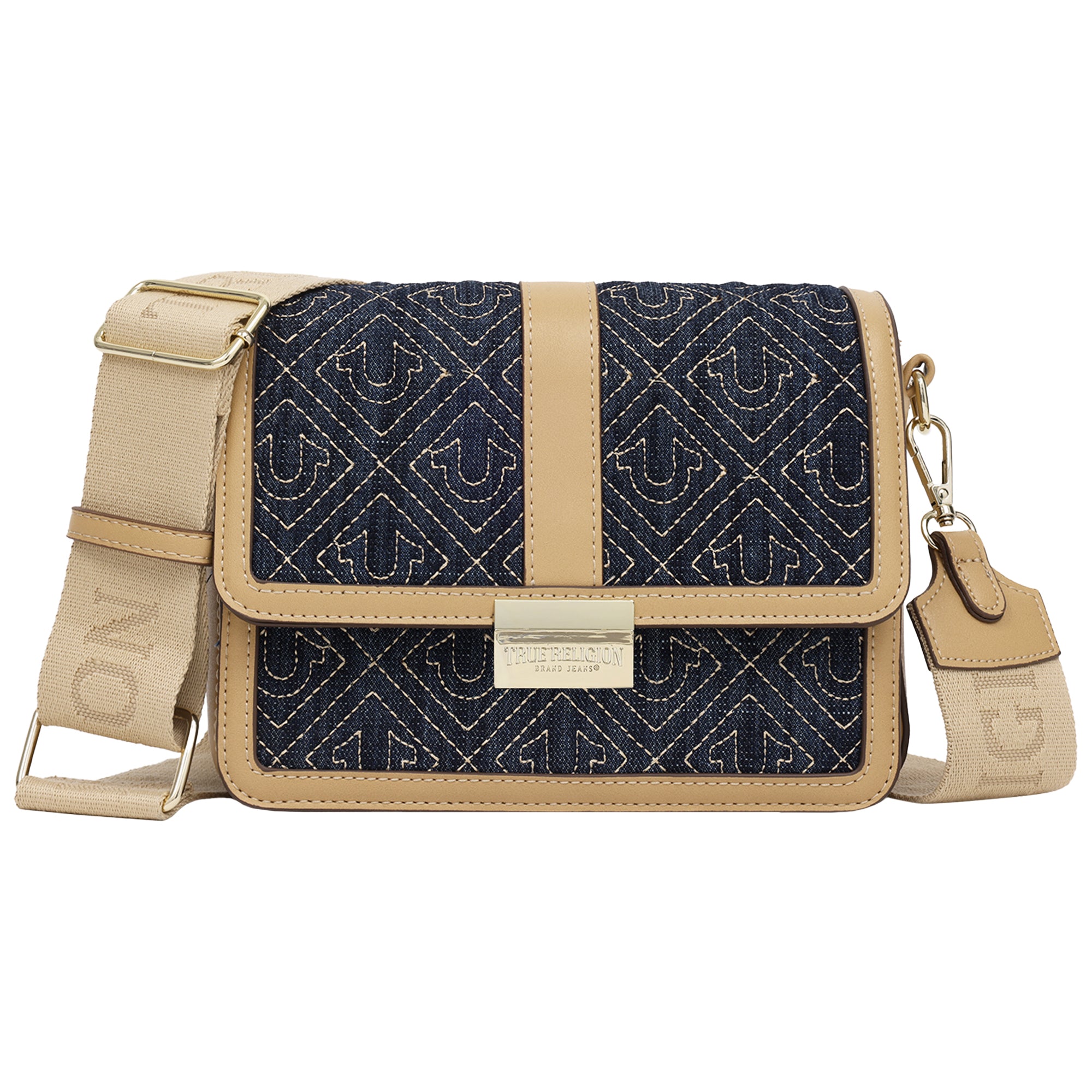 True Religion Logo Lock Modern Flap Denim Crossbody Bag