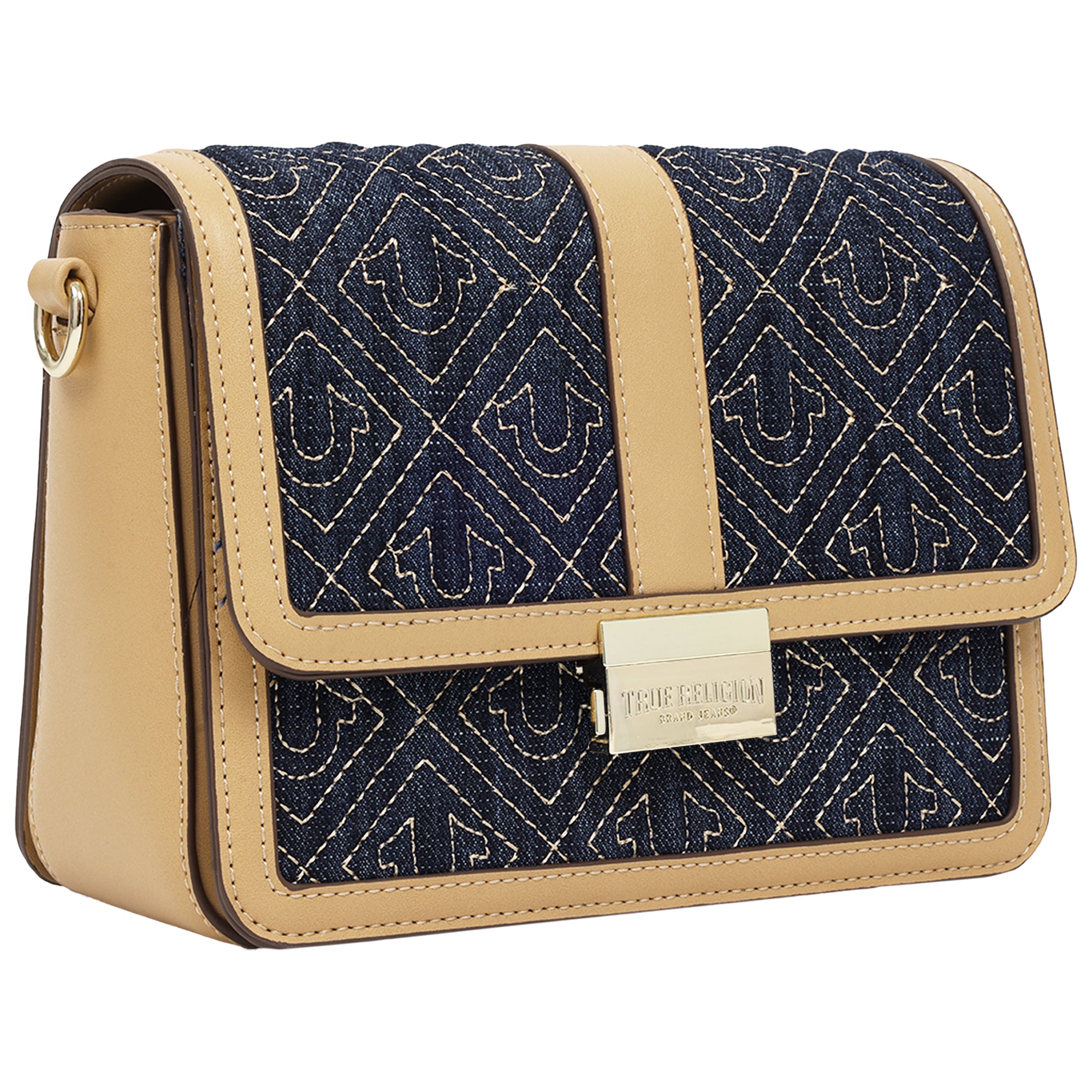 True Religion Logo Lock Modern Flap Denim Crossbody Bag
