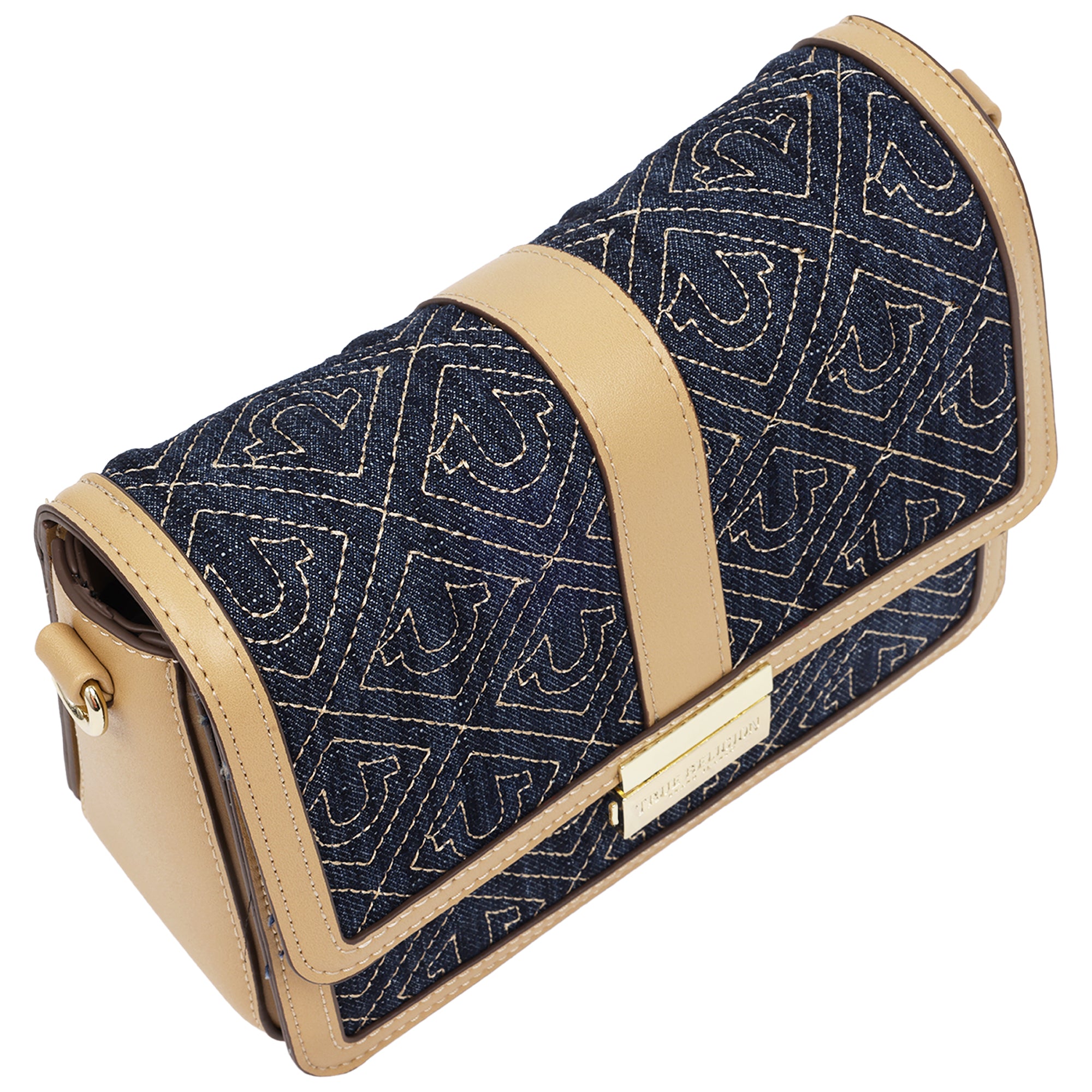 True Religion Logo Lock Modern Flap Denim Crossbody Bag