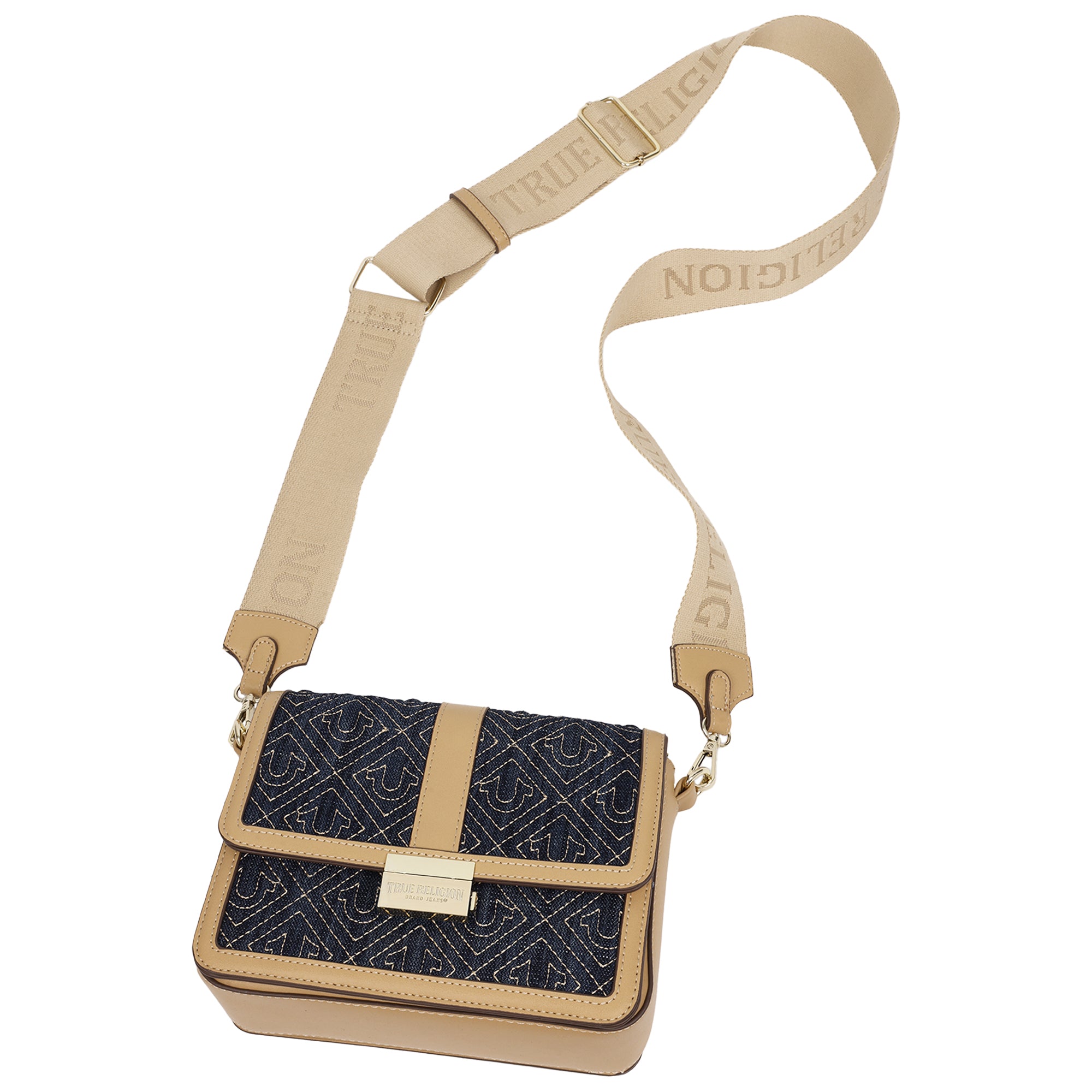 True Religion Logo Lock Modern Flap Denim Crossbody Bag