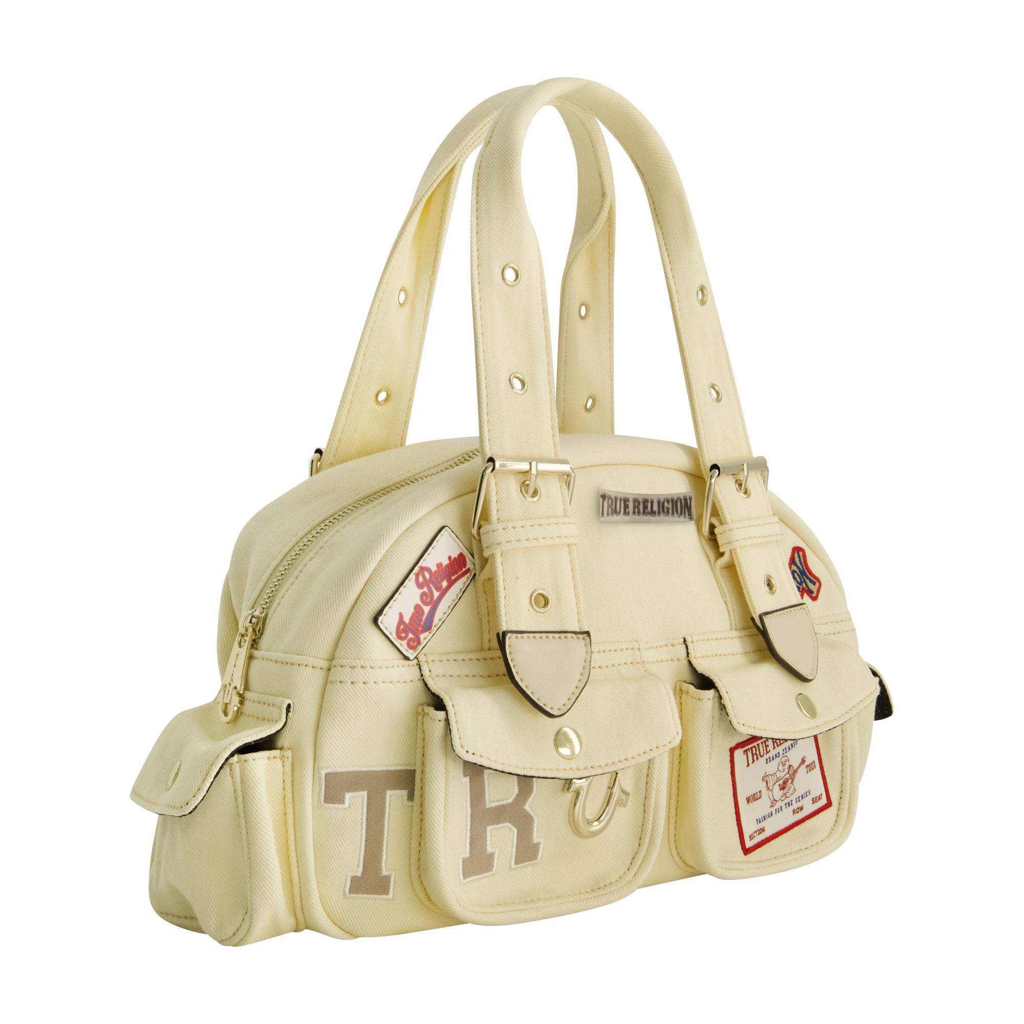 True Religion Multi-Patch Satchel, BEIGE