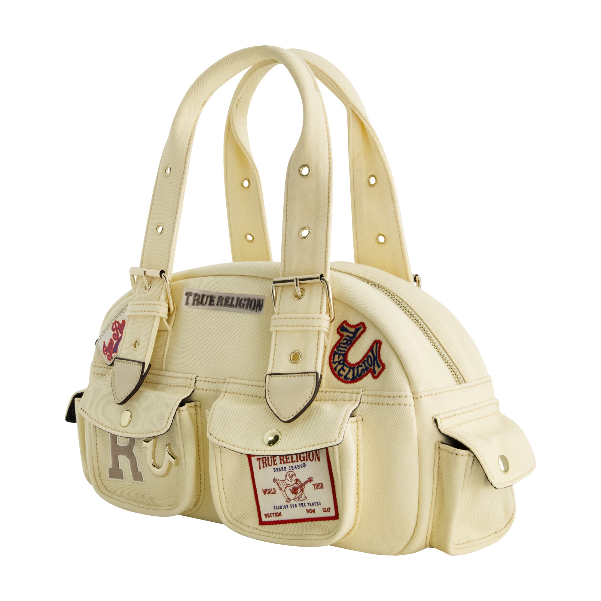 True Religion Multi-Patch Satchel, BEIGE