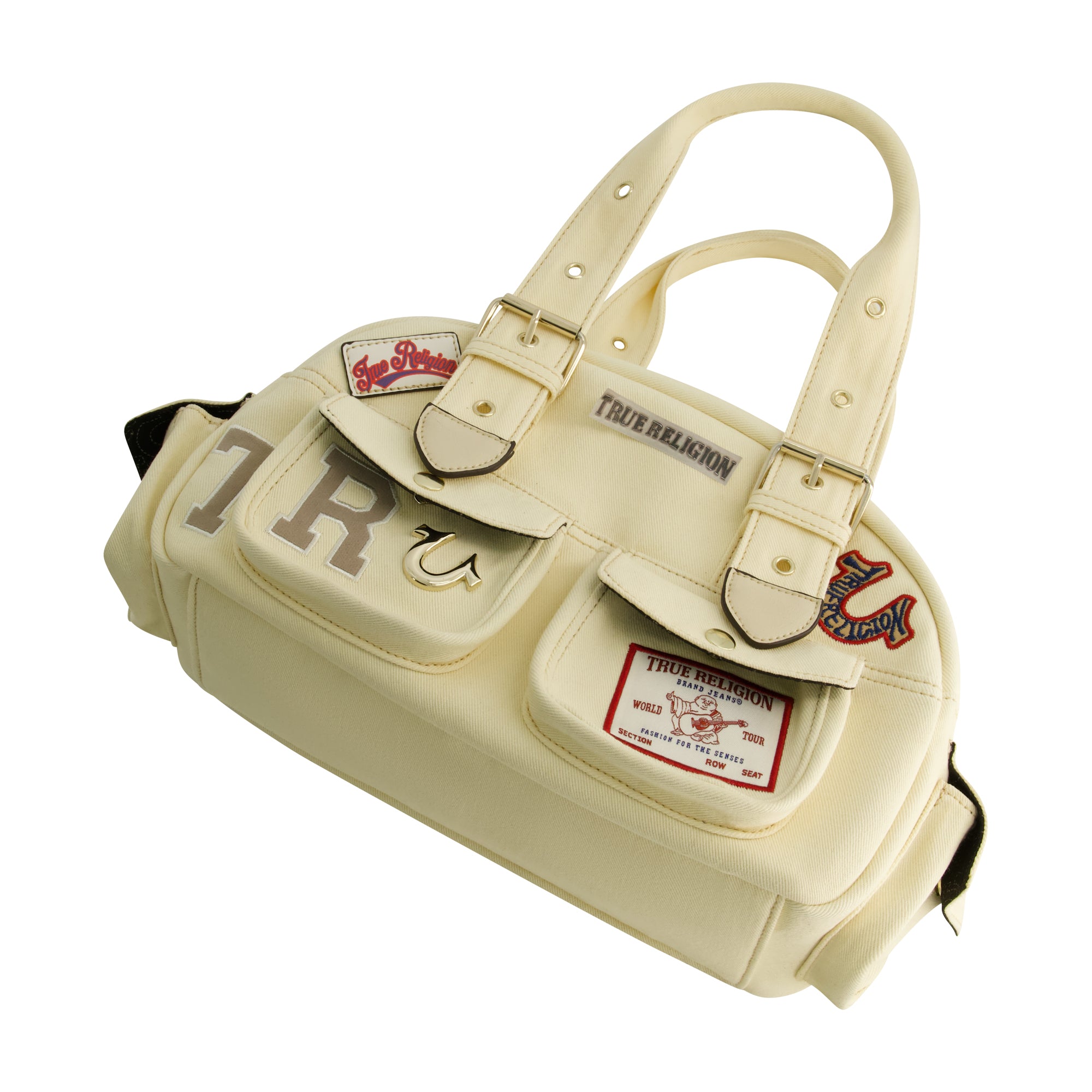 True Religion Multi-Patch Satchel, BEIGE