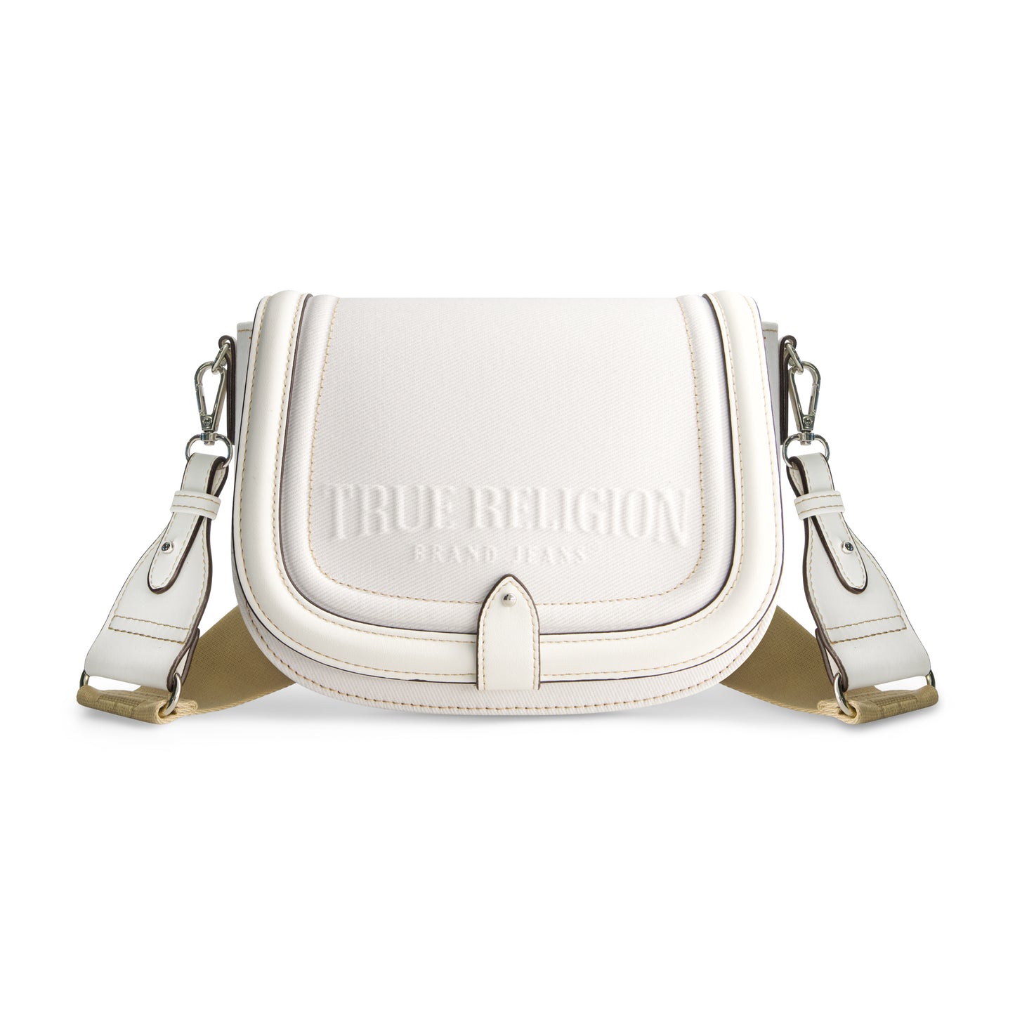 True Religion Distressed Logo Denim Saddle Bag, WHITE