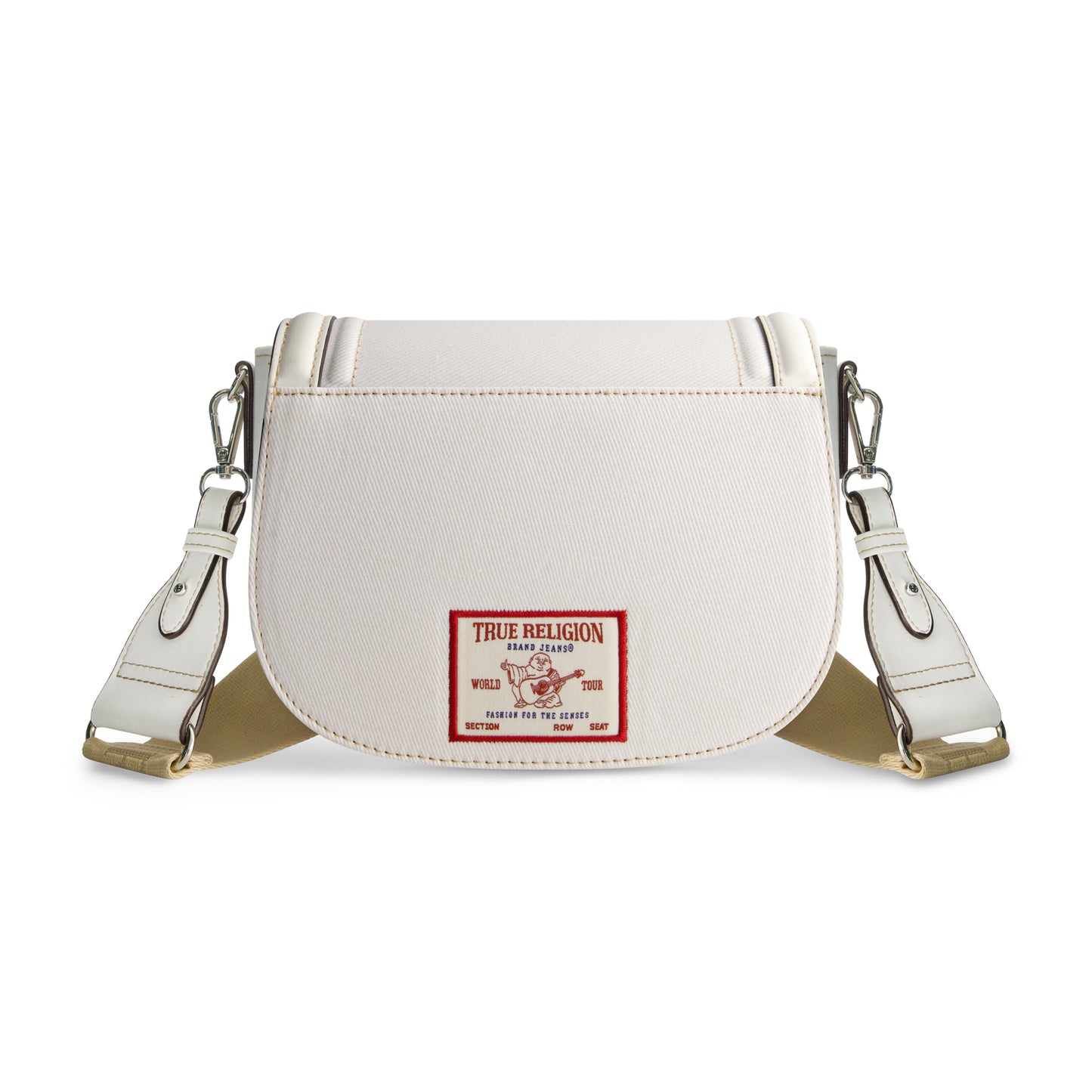 True Religion Distressed Logo Denim Saddle Bag, WHITE