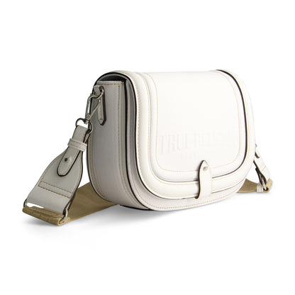 True Religion Distressed Logo Denim Saddle Bag, WHITE