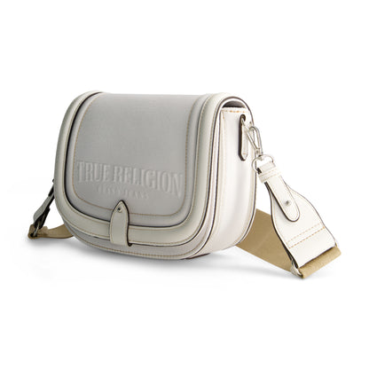 True Religion Distressed Logo Denim Saddle Bag, WHITE