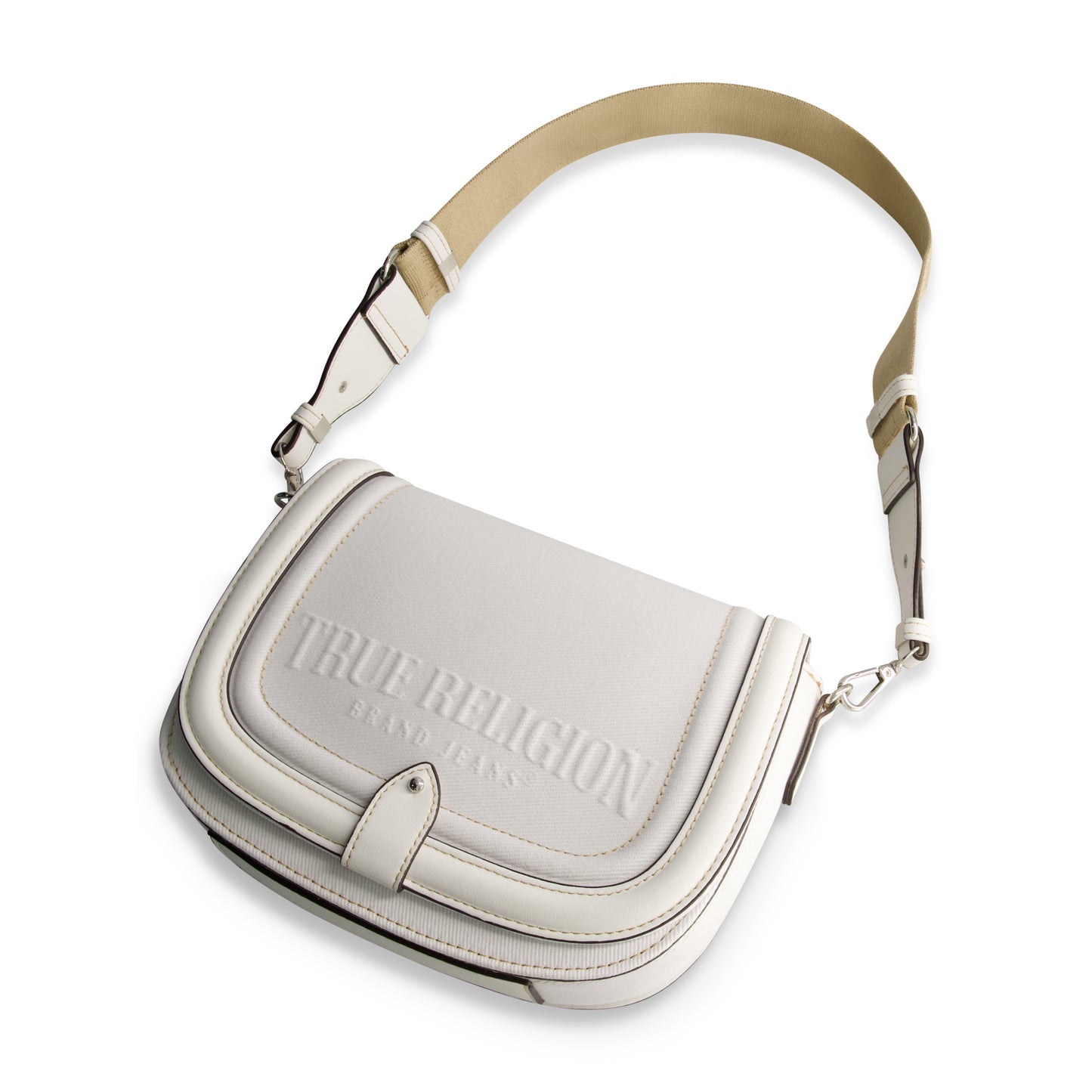 True Religion Distressed Logo Denim Saddle Bag, WHITE