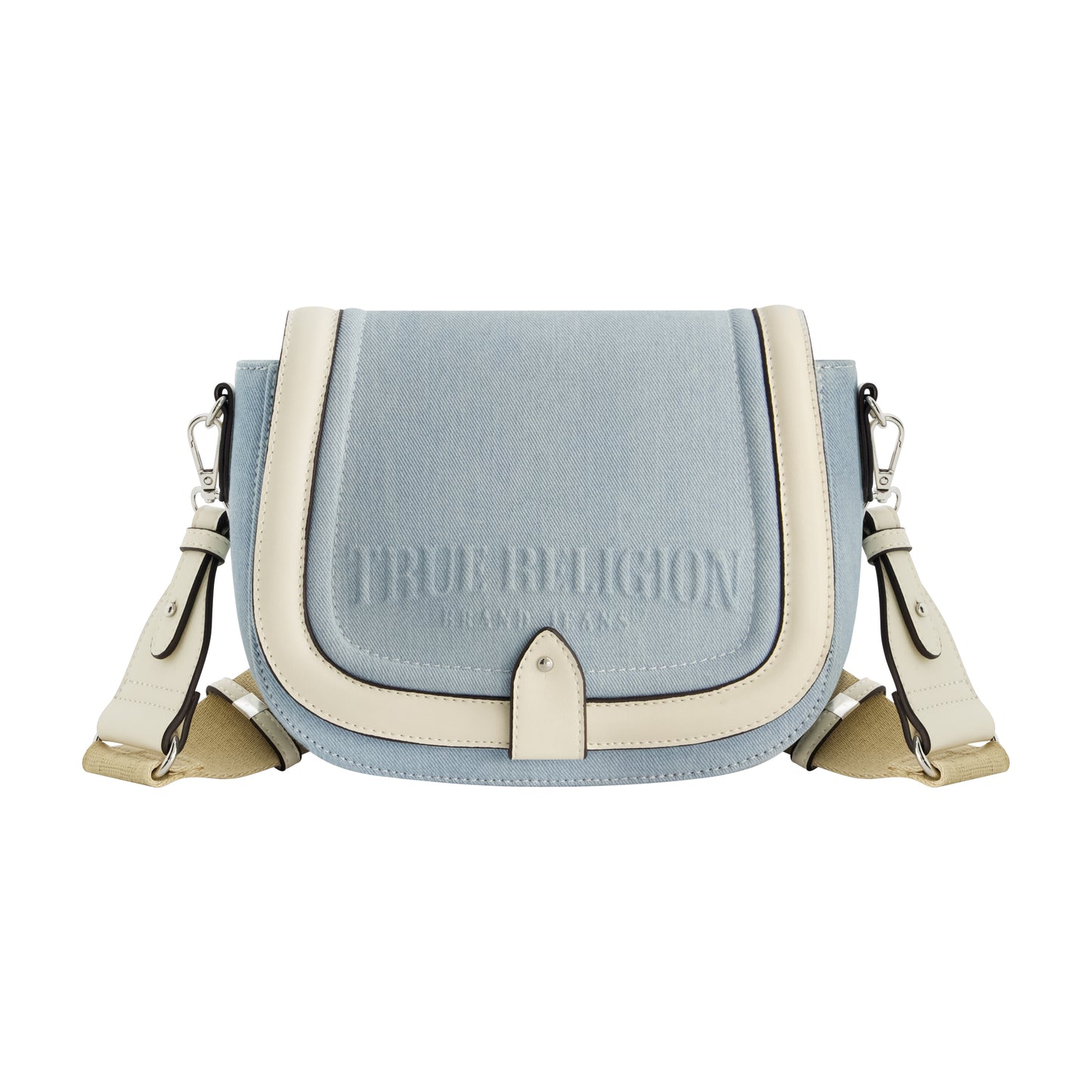 True Religion Distressed Logo Denim Saddle Bag, LIGHT BLUE