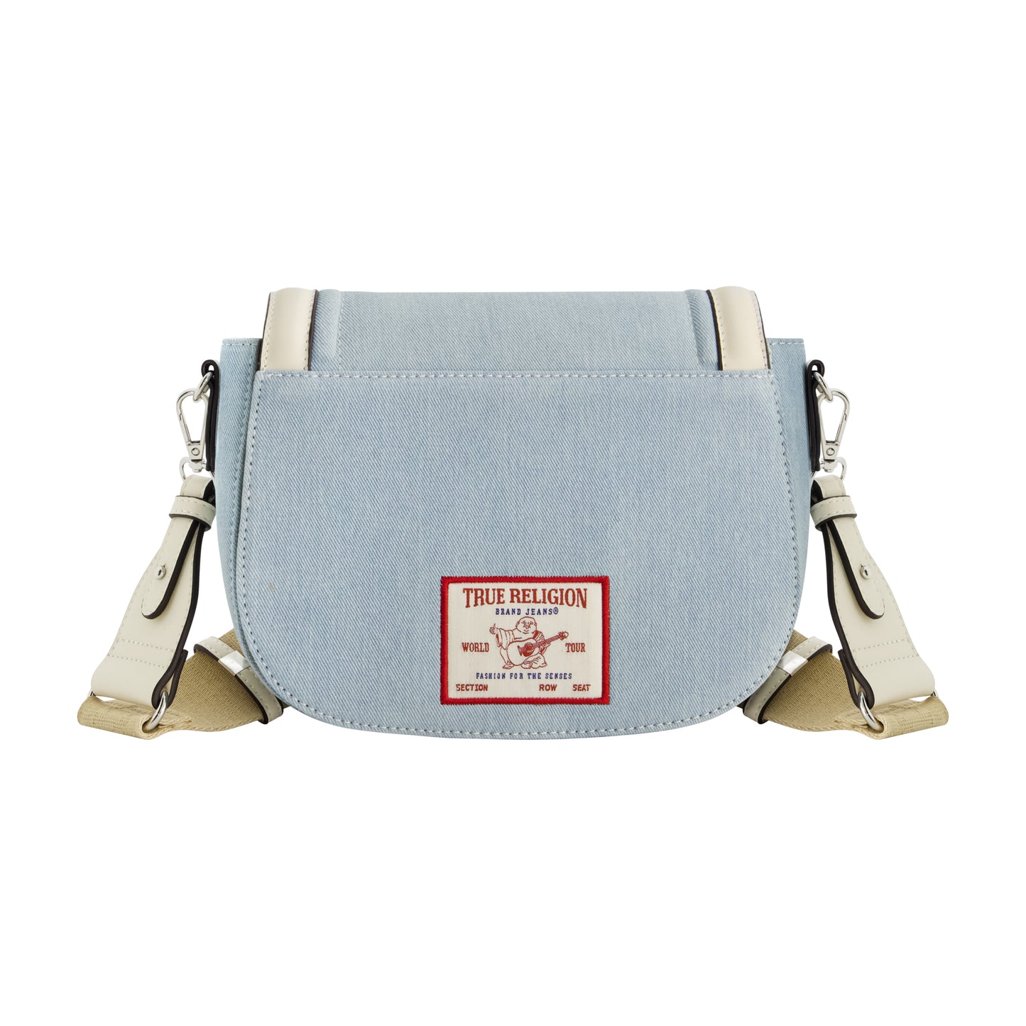 True Religion Distressed Logo Denim Saddle Bag, LIGHT BLUE