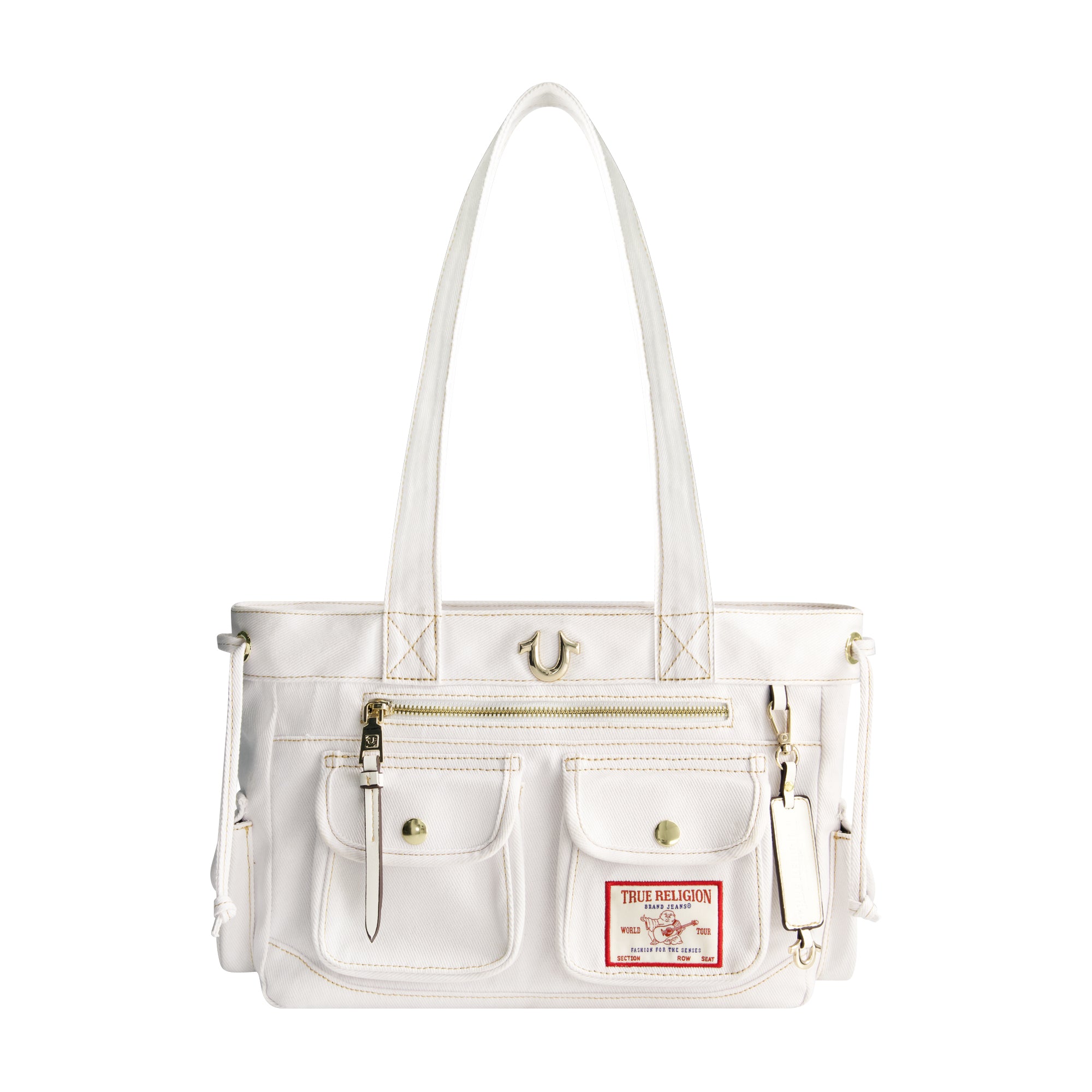 True Religion Multi-Pocket Denim Tote, WHITE